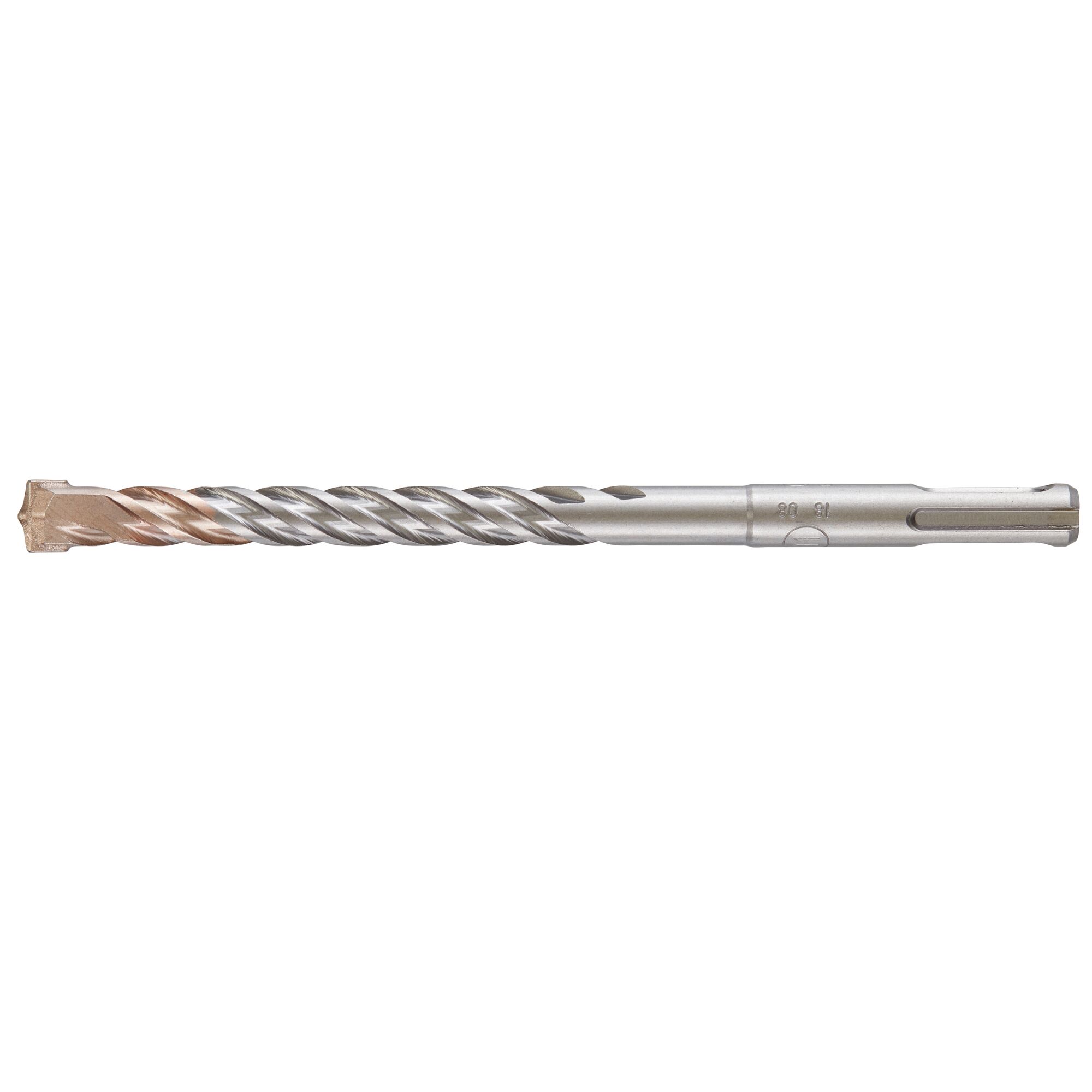 A DEWALT SDS-plus masonry drill bit with a spiral flute design and a carbide tip, used for drilling into concrete, stone, and masonry surfaces.