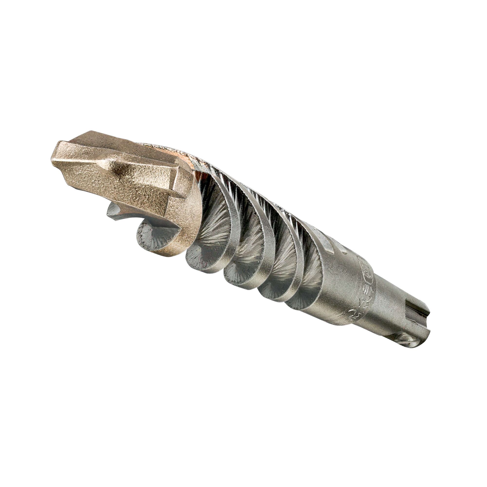 Close-up image of a DEWALT DT9548 metal masonry drill bit with a spiral groove and a pointed tip, designed for use in power tools.