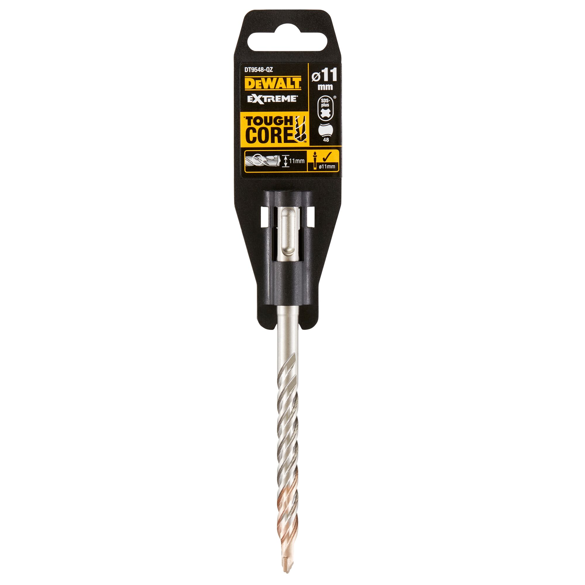 A DEWALT Extreme Tough Core drill bit with a black and yellow packaging, size 11 mm. The drill bit is silver with a spiral design, displayed vertically in the package.
