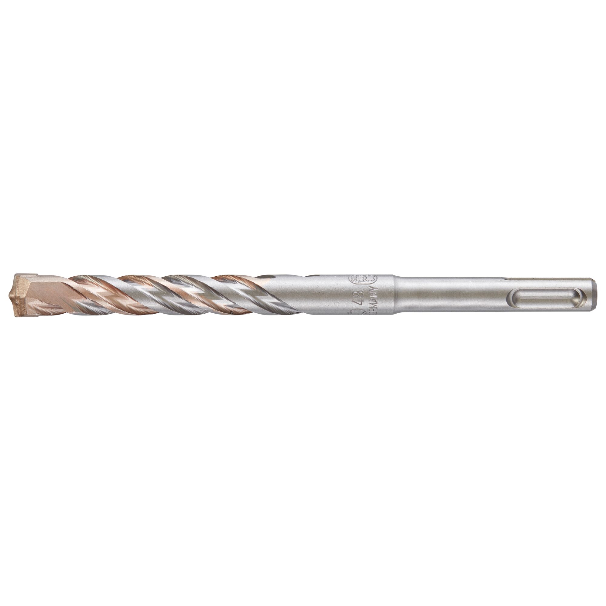 A single DEWALT SDS-plus masonry drill bit with a spiral flute and carbide tip, designed for drilling into concrete or stone surfaces.