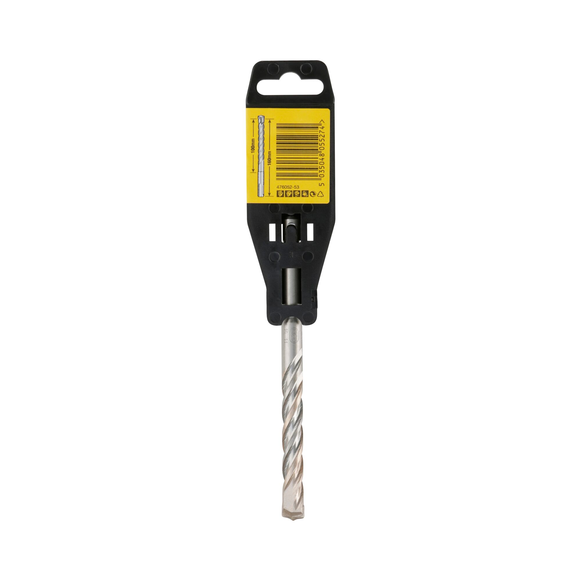 A DEWALT DT9552 masonry drill bit in its original black and yellow packaging. The bit is silver with a spiral design and has a barcode and product information on the top section of the packaging.