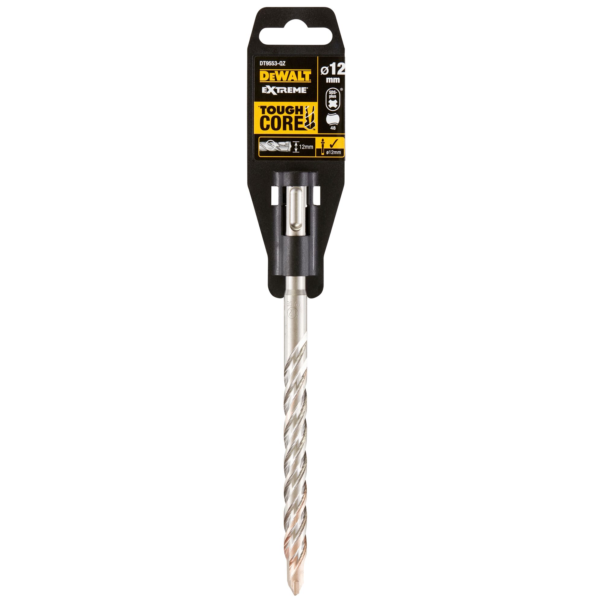 A DEWALT DT9553 Extreme Tough Core masonry drill bit, 12mm diameter, shown in retail packaging with a silver spiral shaft and branding at the top.