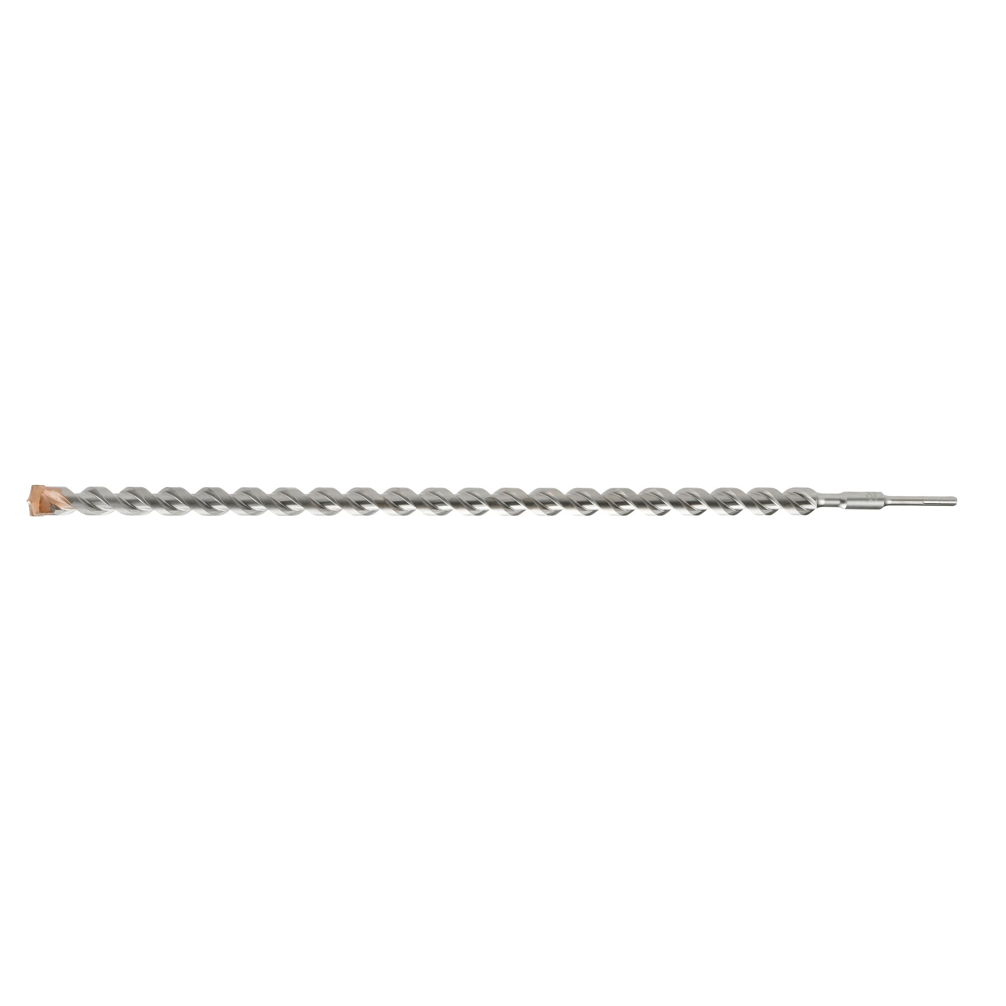 A long, spiral-shaped masonry drill bit with a carbide tip, suitable for use with rotary hammer drills.