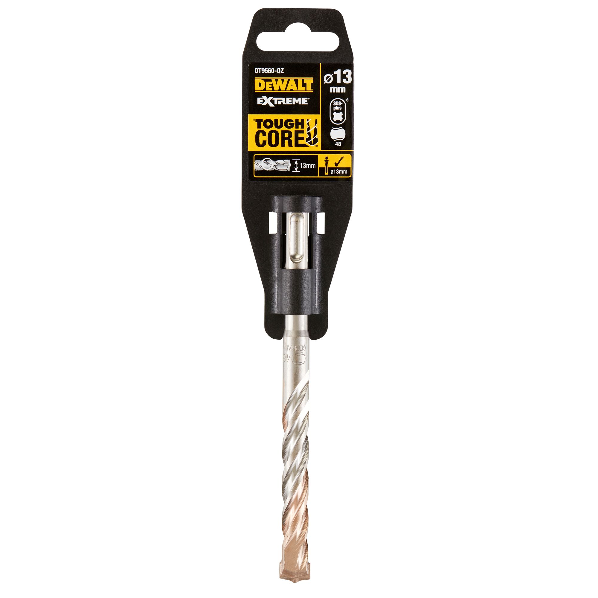 DEWALT Extreme Tough Core 13mm drill bit in its retail packaging. The packaging is black with yellow and white labeling, showing the DEWALT brand, product name, and specifications.