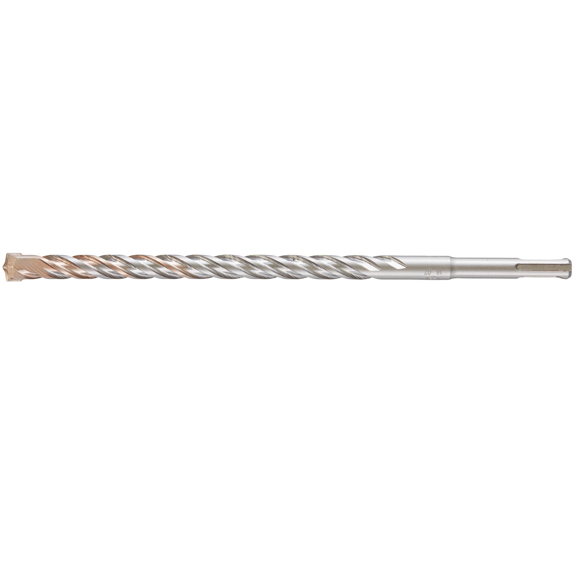 A single long metallic rotary hammer drill bit with a spiral flute design and a chisel tip, suitable for masonry or concrete drilling.