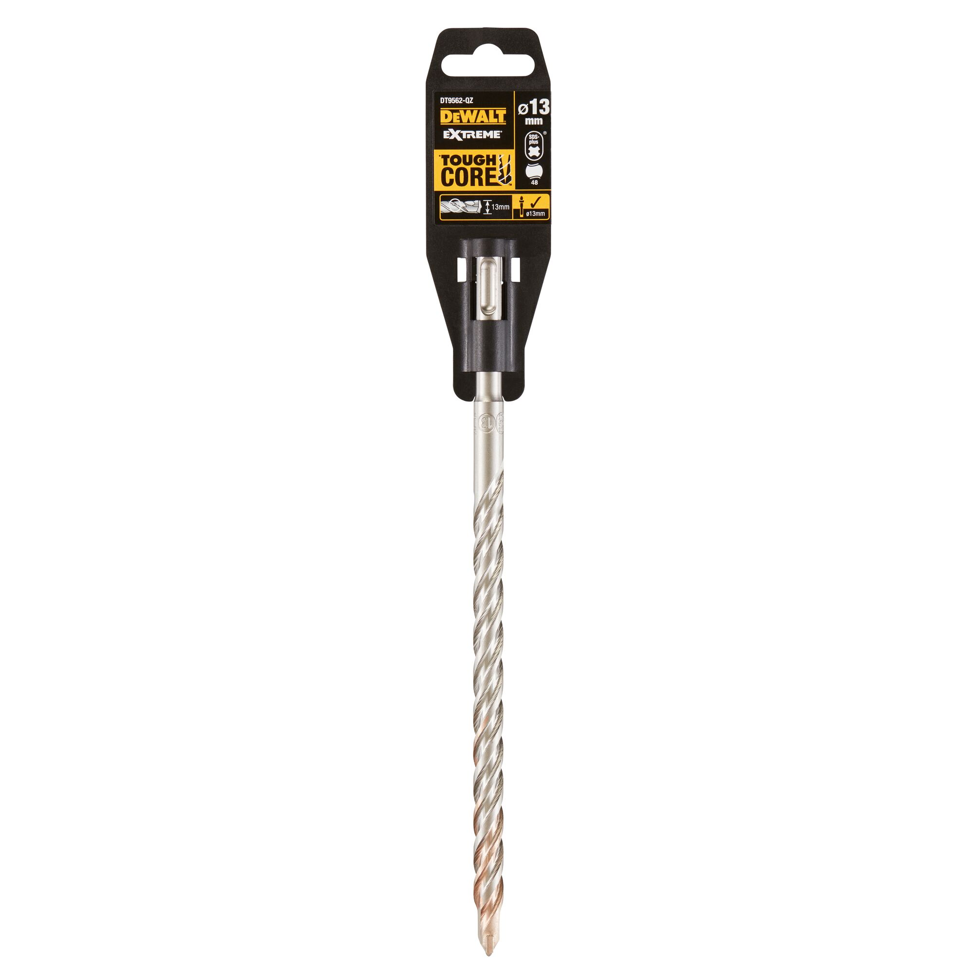 A DEWALT Extreme Tough Core SDS-plus masonry drill bit, model DT9562, with a 13 mm diameter. The drill bit is shown in its retail packaging with a black and yellow label.