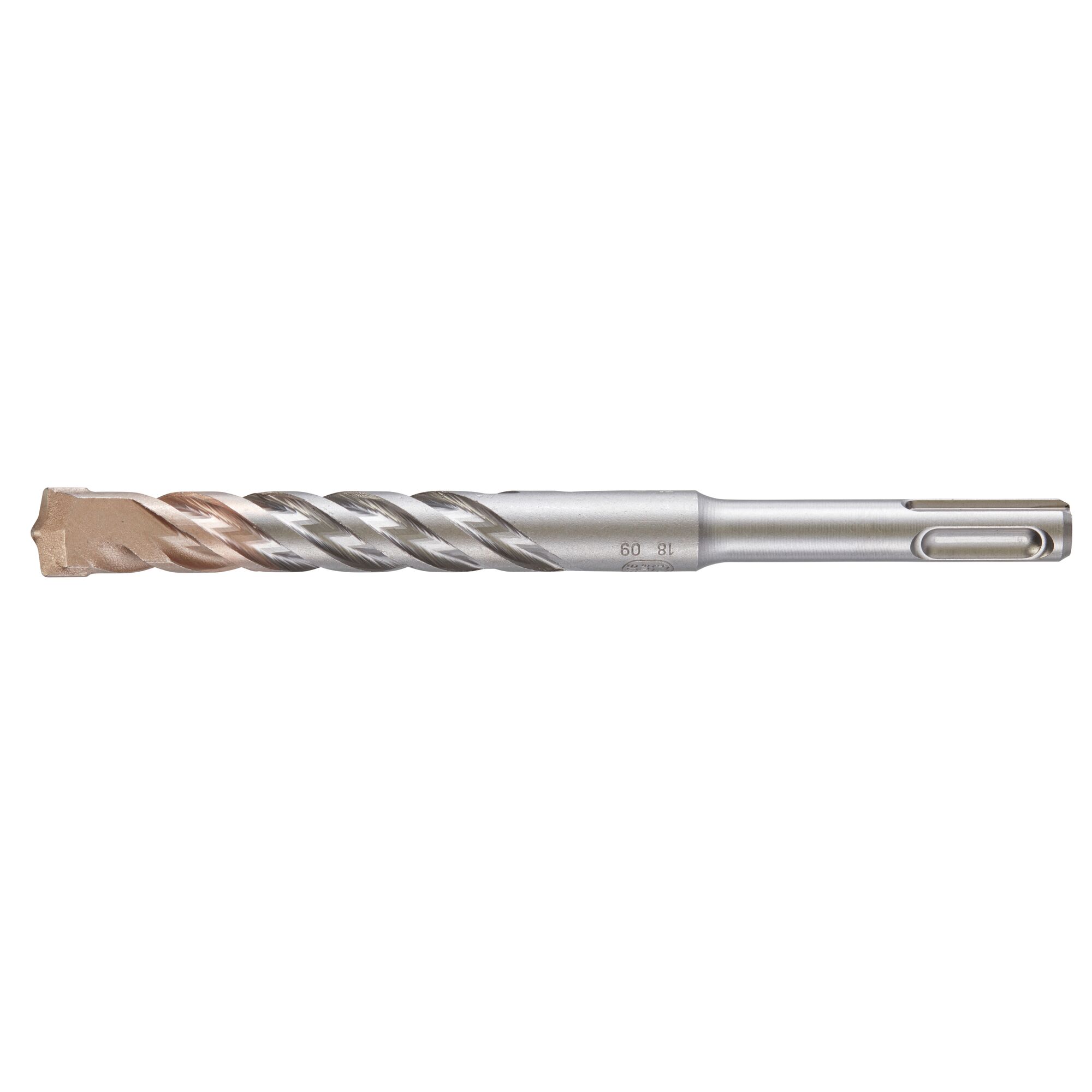 A single metal rotary hammer drill bit with a silver and copper-colored tip, designed for masonry or concrete drilling.