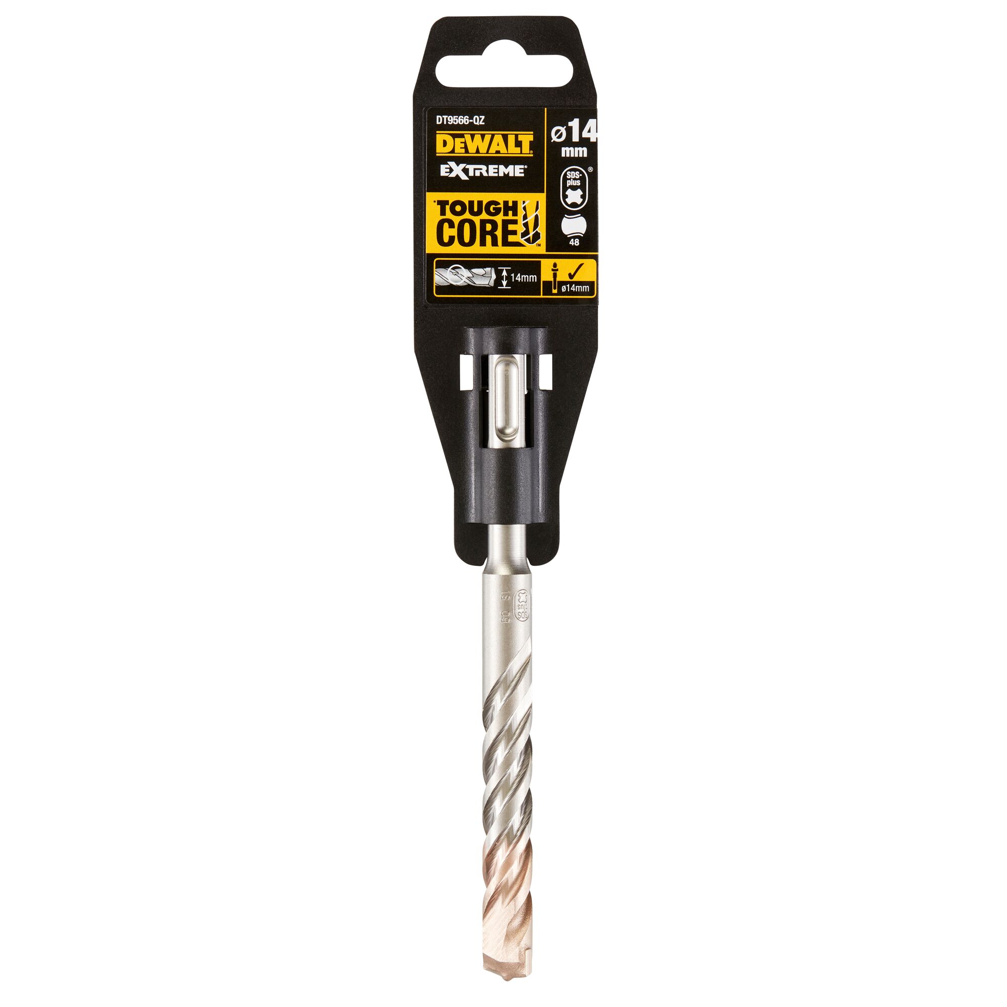 DEWALT Extreme Tough Core drill bit DT9566, 14 mm diameter, shown in its packaging with a black and yellow label.