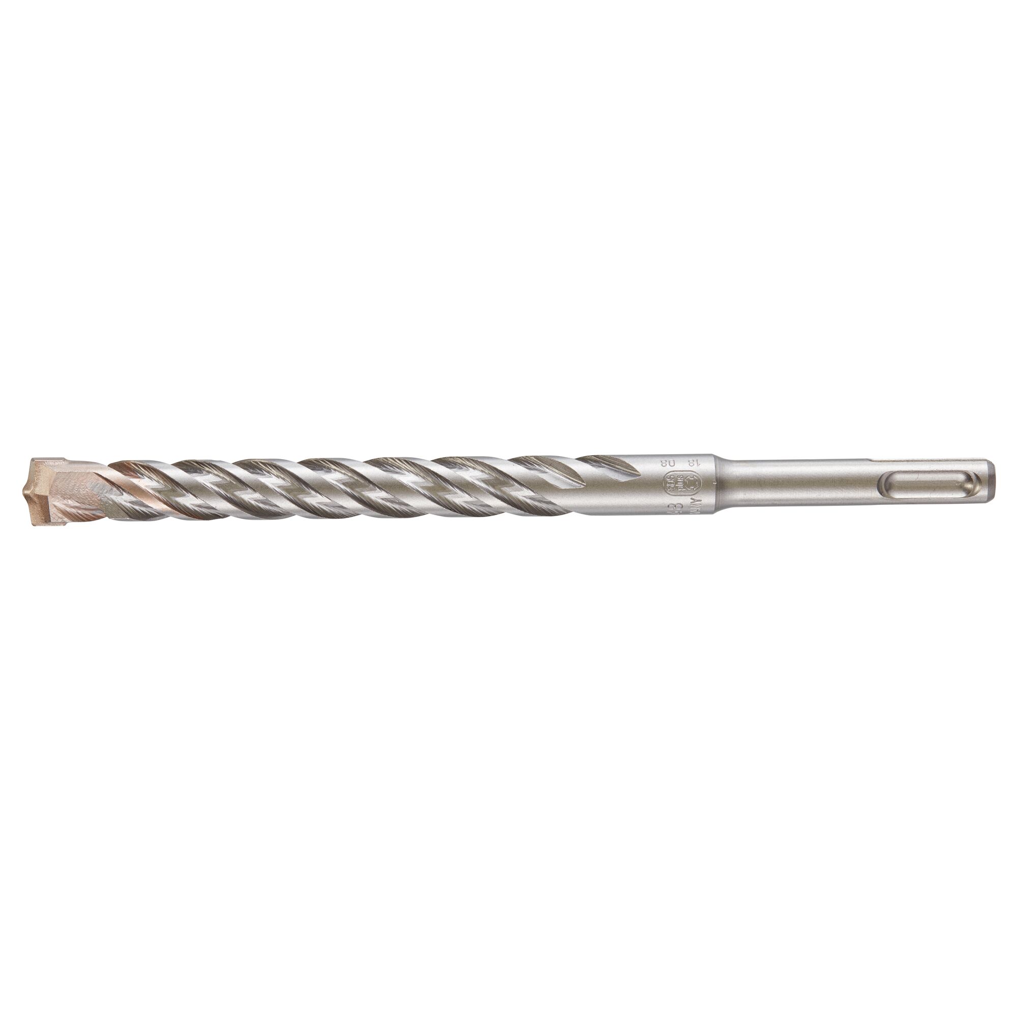 A single metal masonry drill bit with a spiral flute and an SDS-Plus shank, designed for use with hammer drills. The tip is carbide and the body is silver in color.