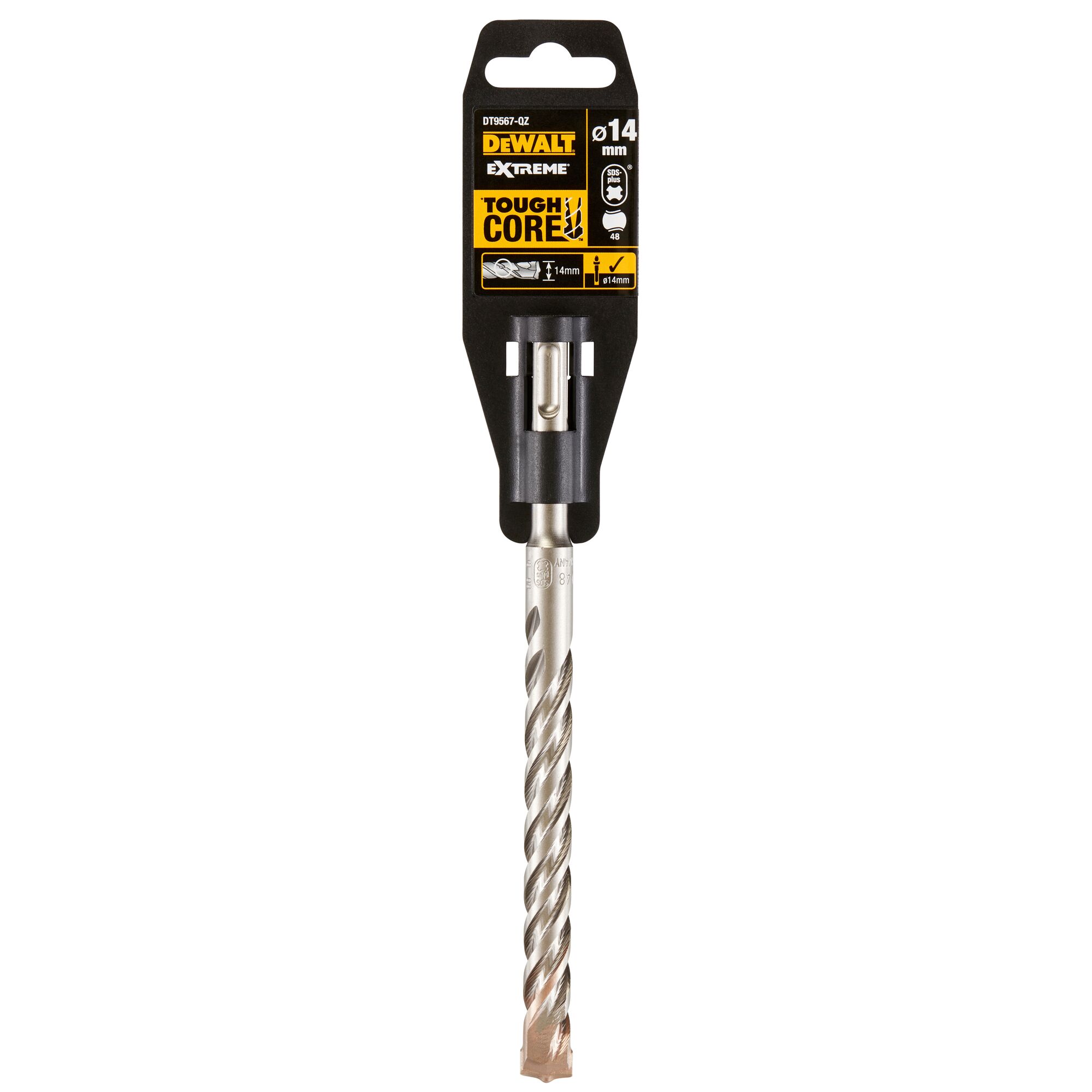 DEWALT DT9567 Extreme ToughCore SDS drill bit, 14mm size, shown in retail packaging.