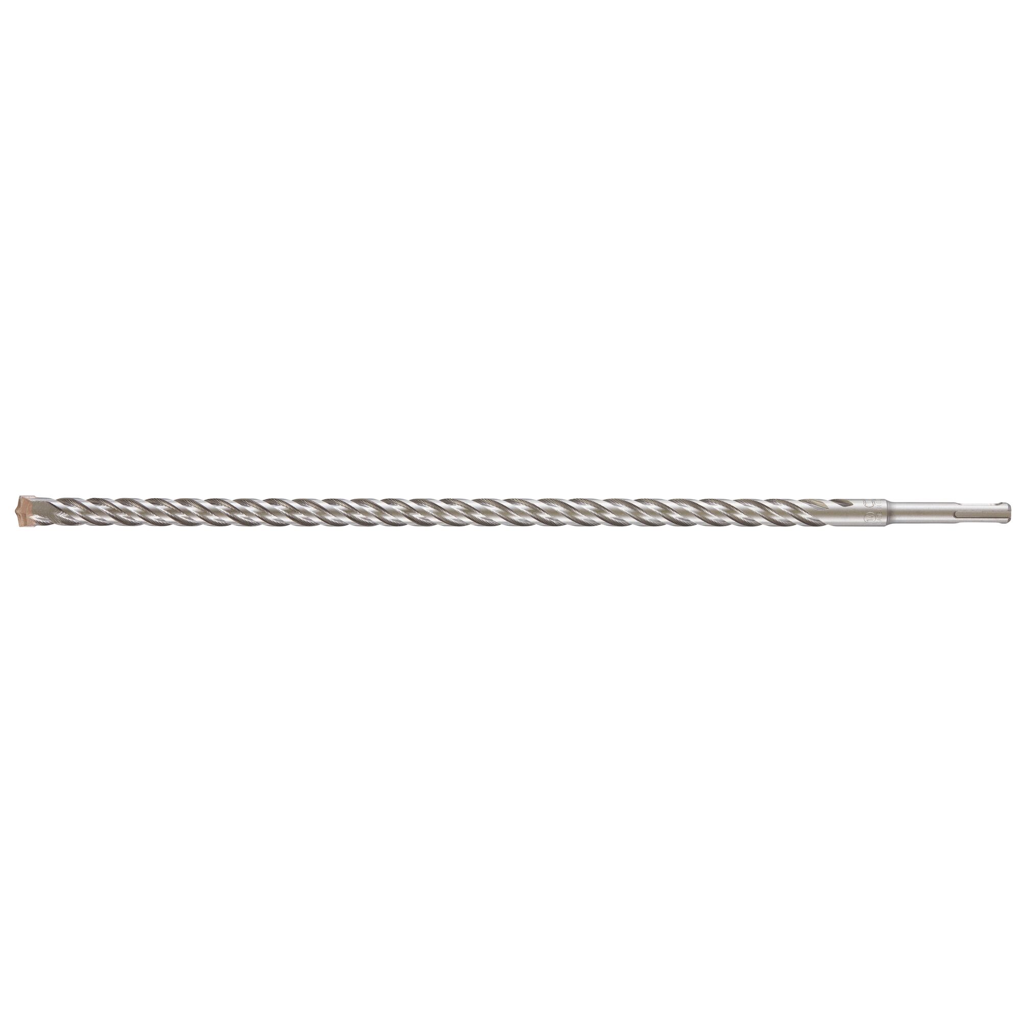 A long, metallic SDS masonry drill bit with a spiral flute and a carbide tip, shown isolated on a white background.