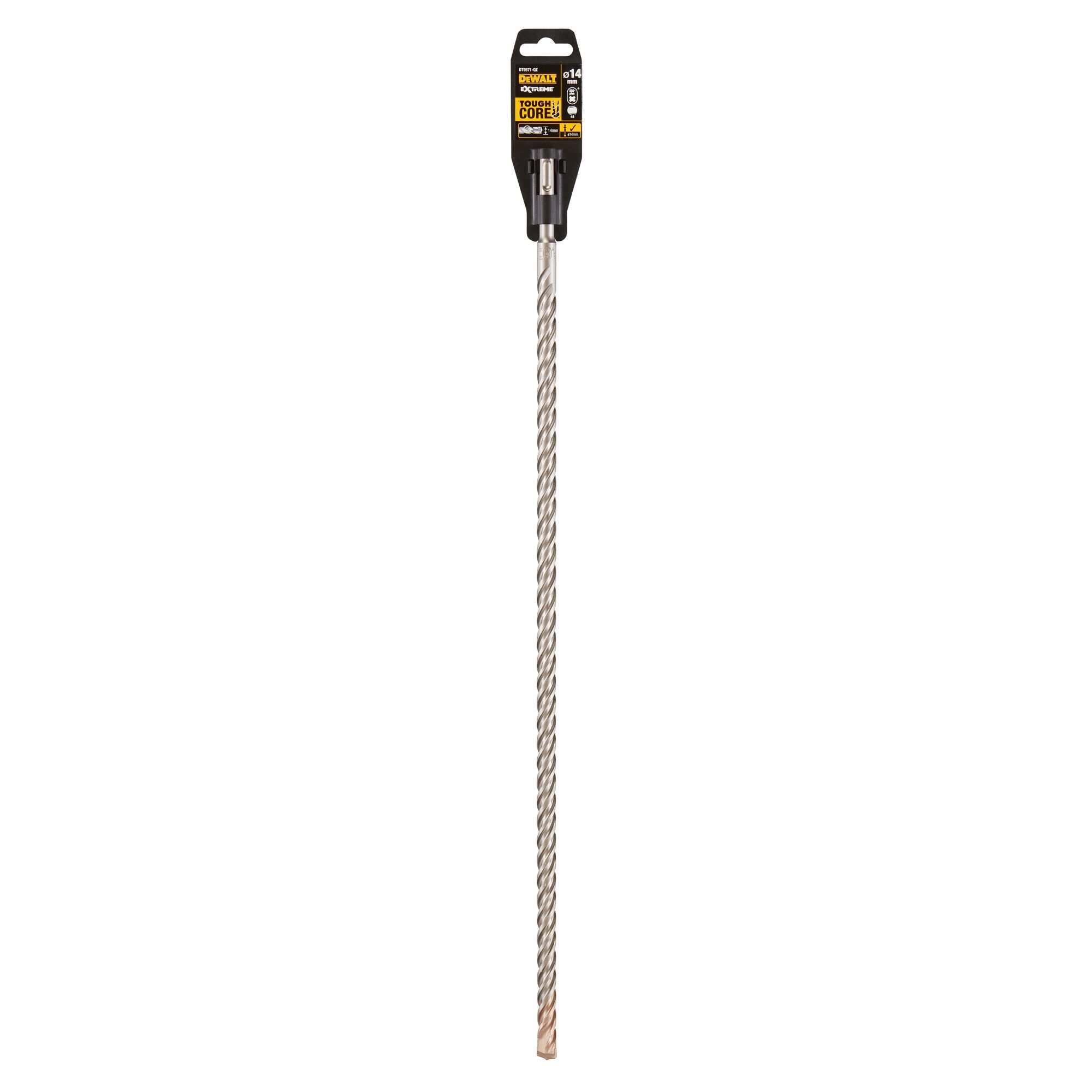A long DEWALT branded rotary hammer drill bit with a spiral flute and a carbide tip, shown in its retail packaging. The product label displays specifications and the DEWALT logo.