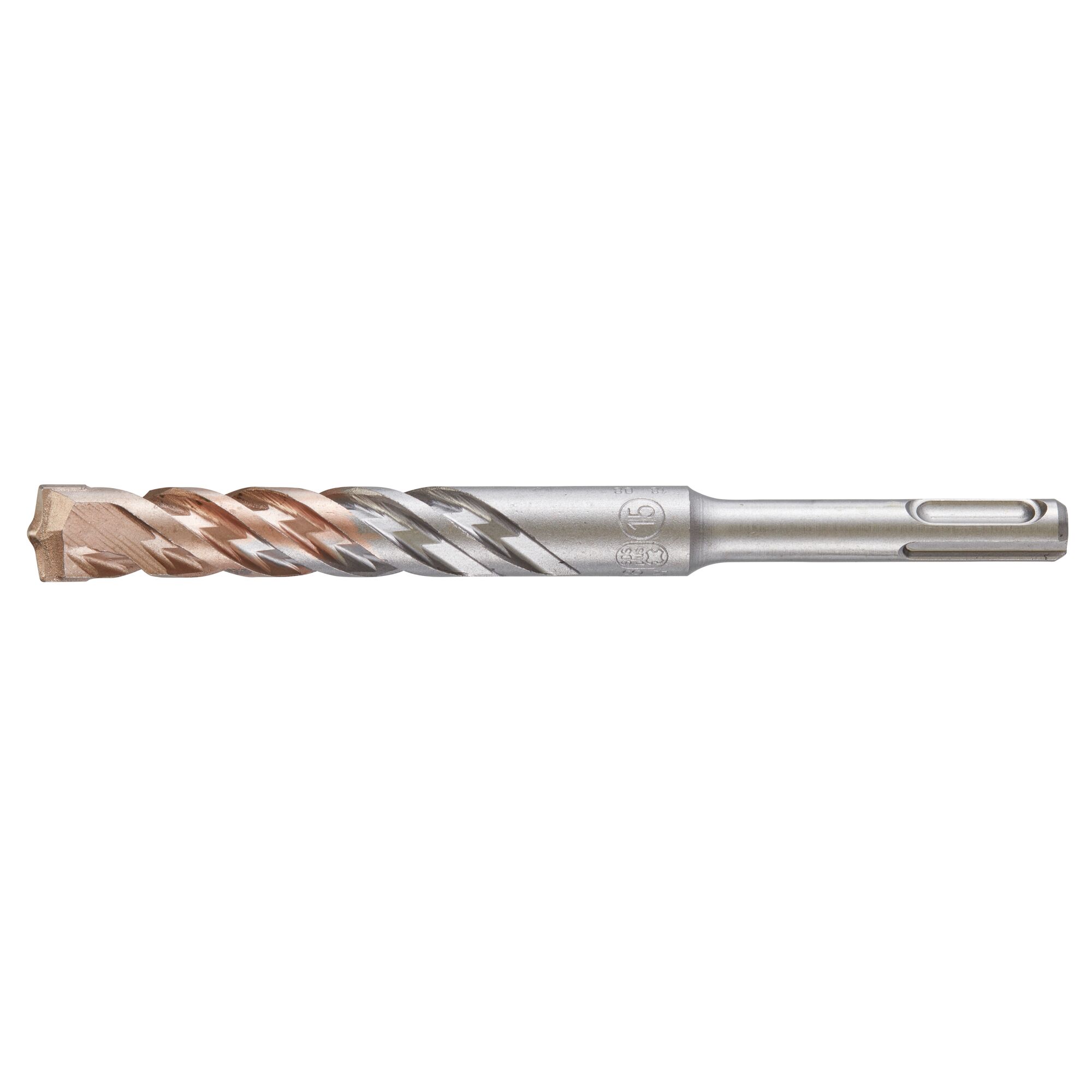 A metal SDS drill bit with a spiral flute design and a pointed tip, suitable for drilling into masonry or concrete.