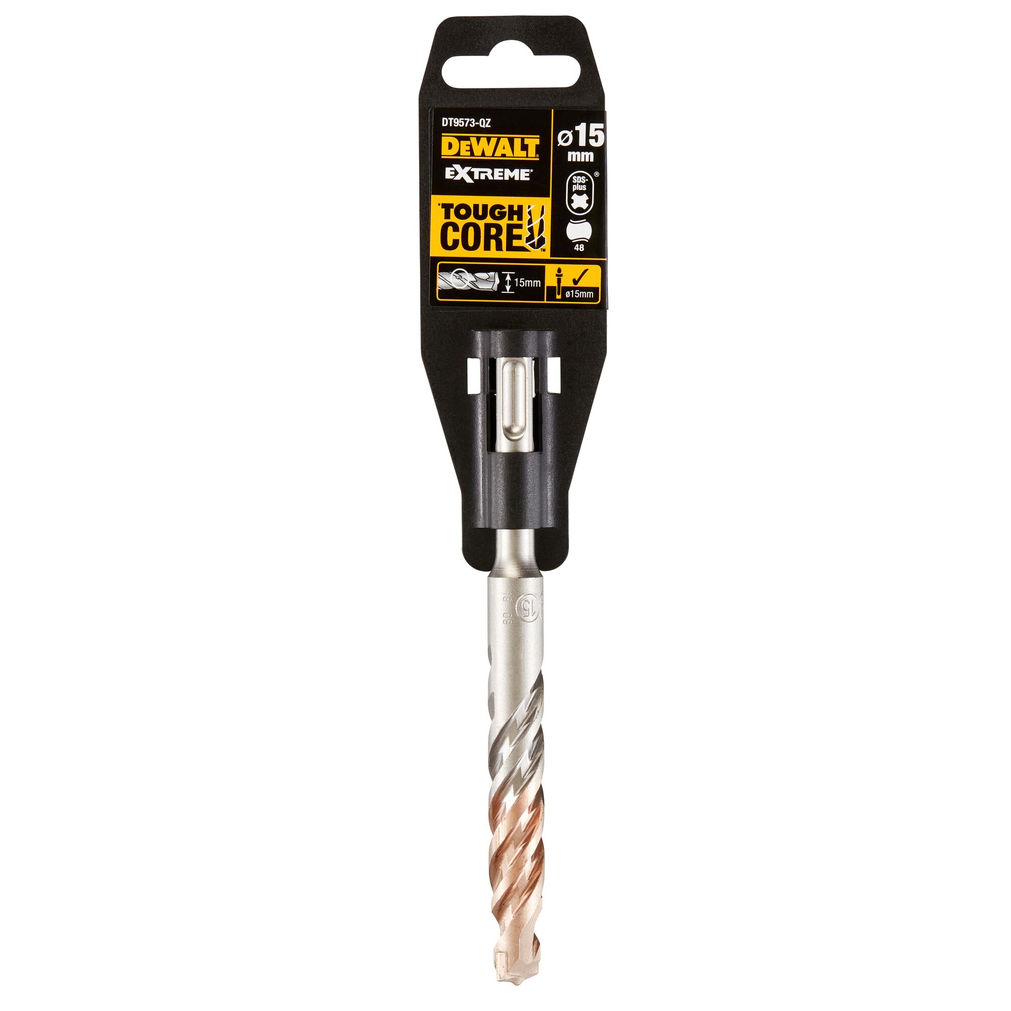 A DEWALT Extreme ToughCore drill bit, 15 mm diameter, shown in its packaging. The drill bit has a silver and copper color spiral design and is intended for heavy-duty use.