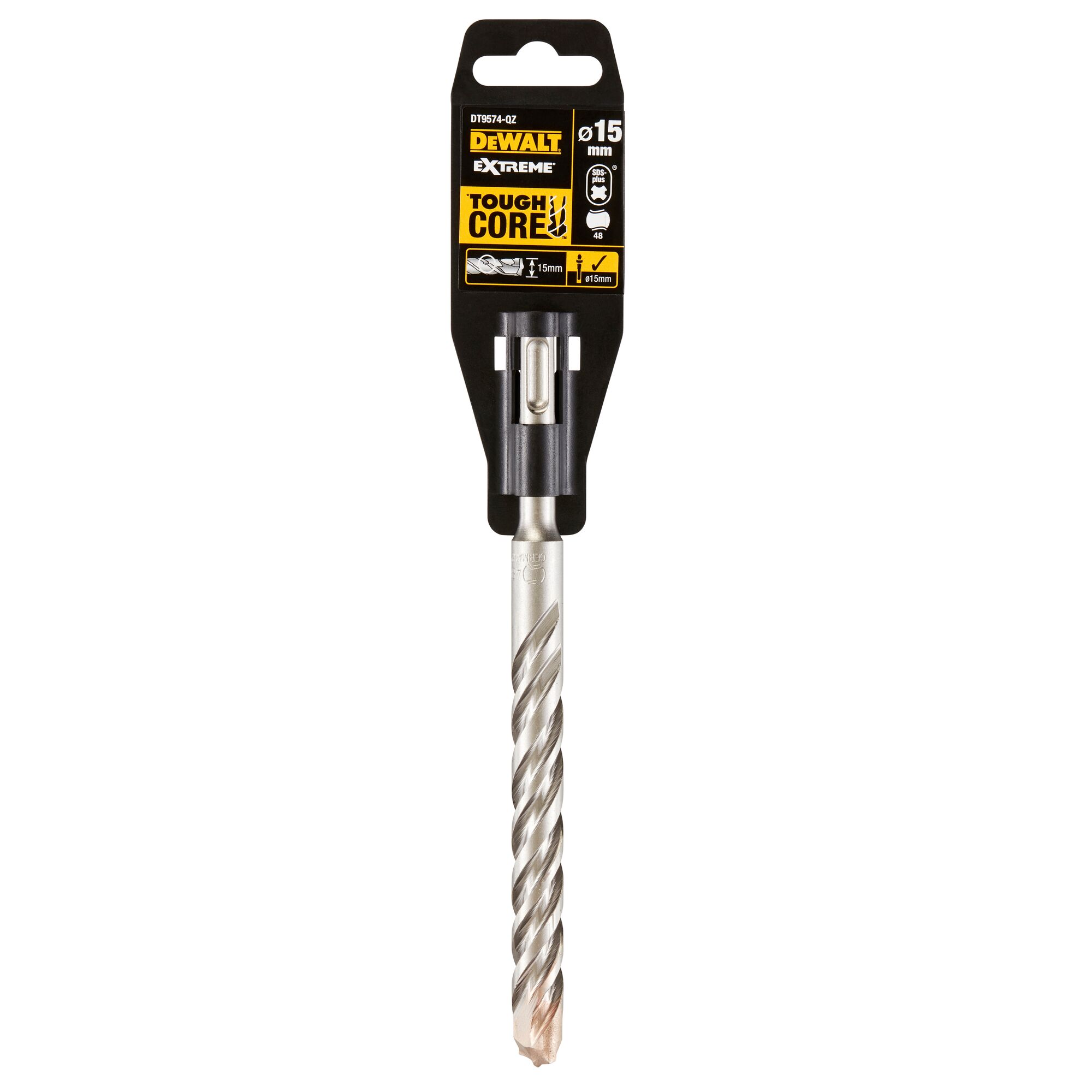 DEWALT Extreme Toughcore DT9574 15mm drill bit in retail packaging, featuring a spiral design and SDS-Plus shank.