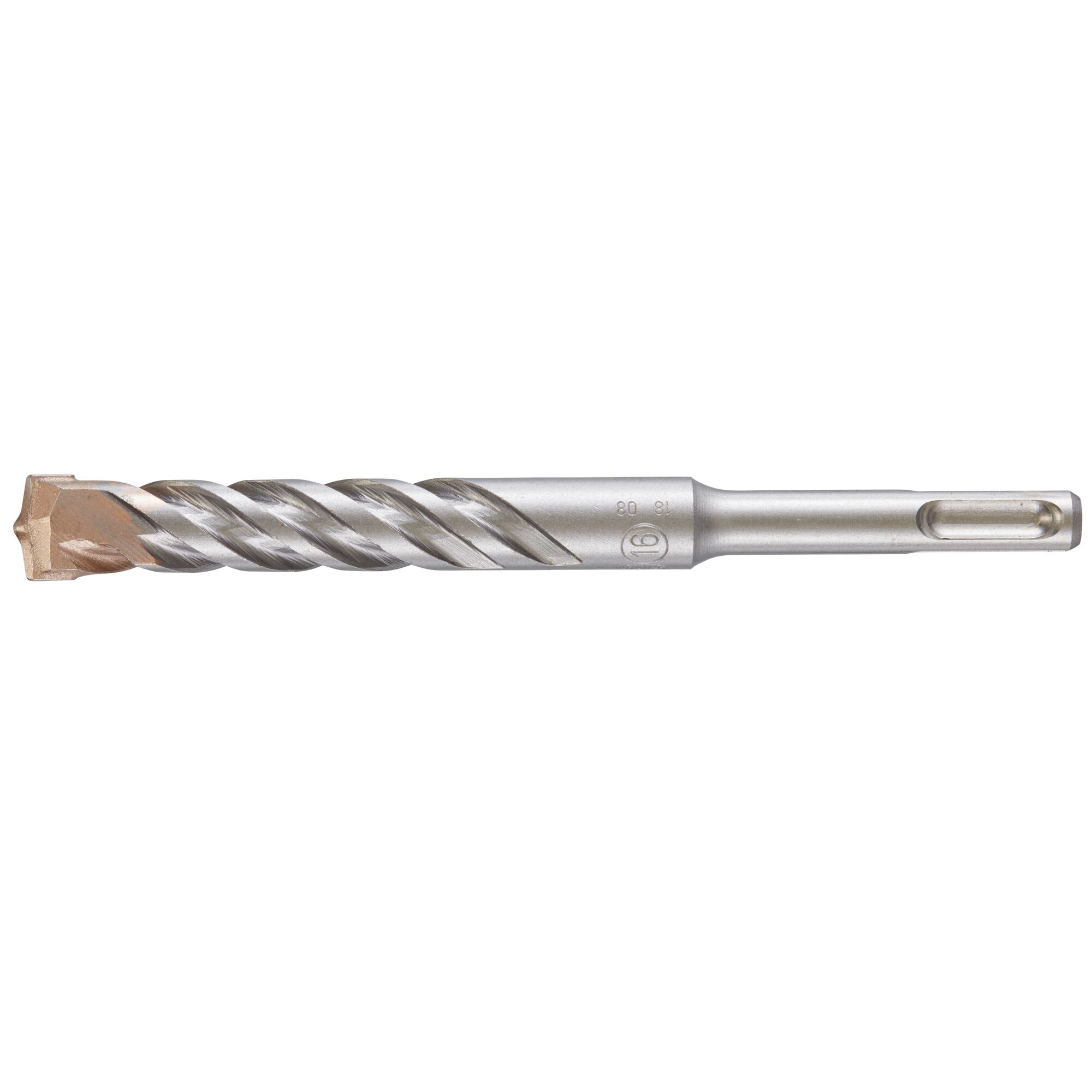 A close-up image of a DEWALT SDS-plus masonry drill bit with a spiral flute design, carbide tip, and silver metallic finish. The drill bit is positioned horizontally on a white background.
