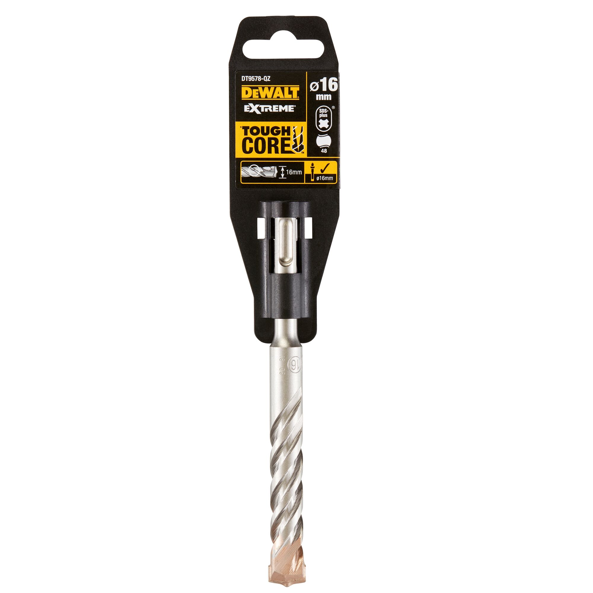 DEWALT Extreme Tough Core SDS drill bit, 16 mm diameter, in retail packaging. The drill bit has a spiral flute and a reinforced tip, suitable for drilling into hard materials.
