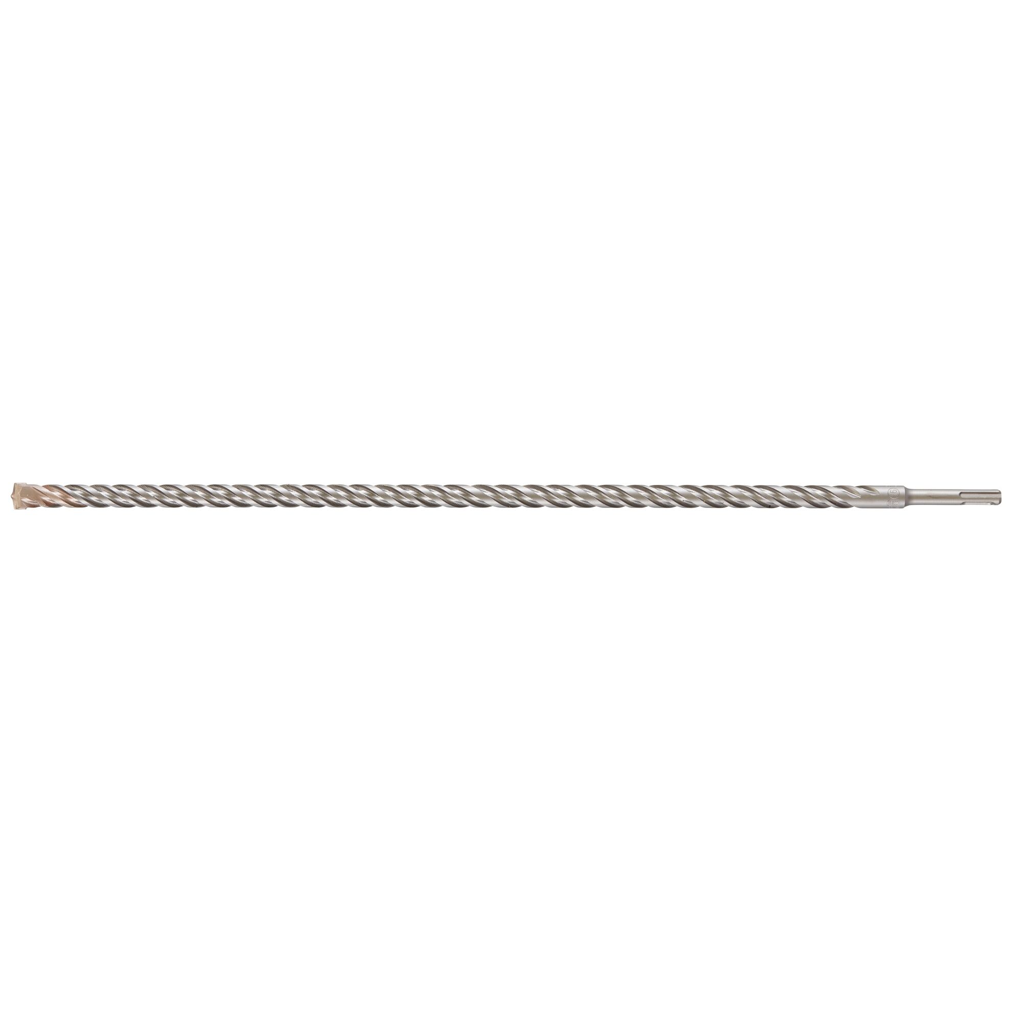 A long, metallic DEWALT drill bit with a spiral design and an SDS shank, used for heavy-duty drilling tasks.