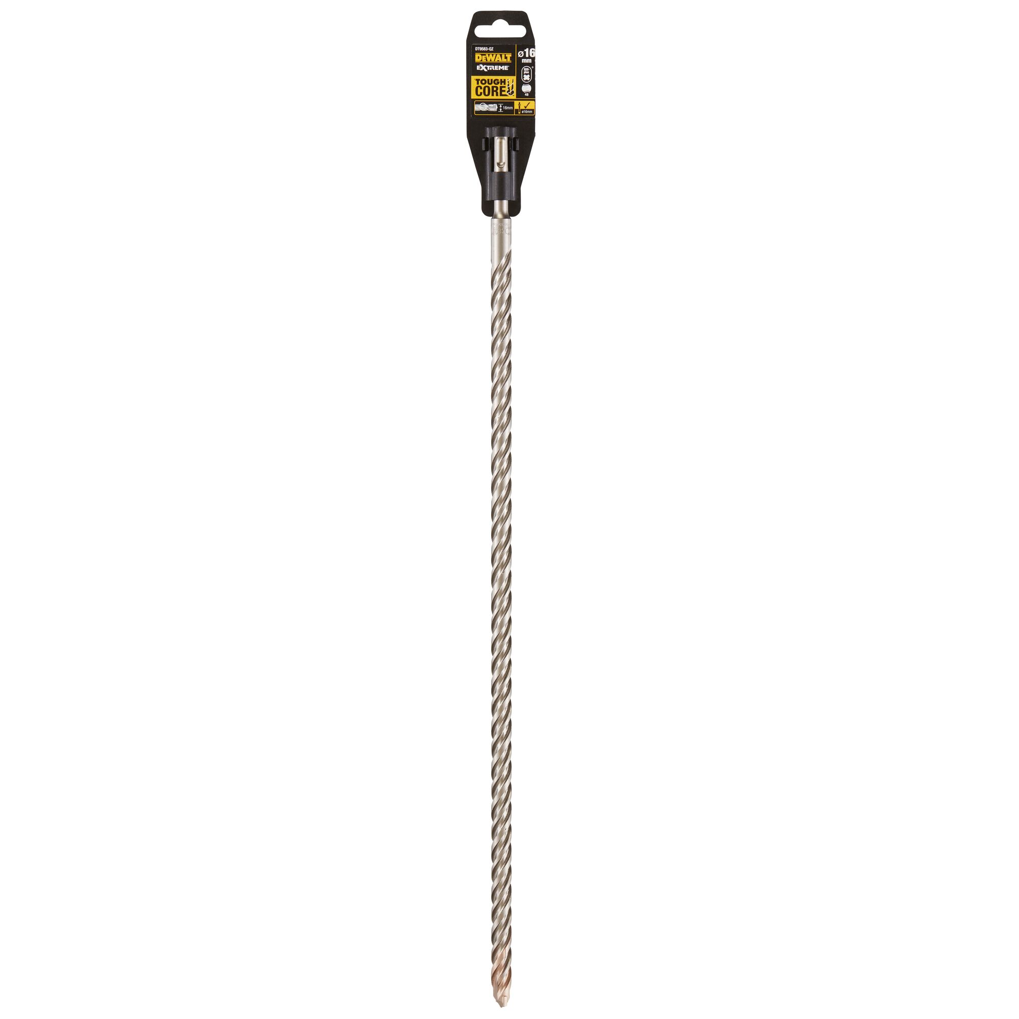 A long, twisted DEWALT drill bit in silver color with black and yellow packaging at the top.