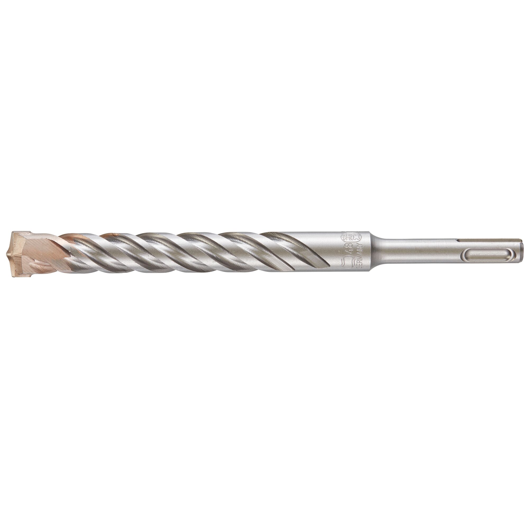 A DEWALT DT9587 SDS drill bit with a four-cutter head, designed for hammer drills. The drill bit is silver with a spiral flute and a reinforced tip for masonry and concrete drilling.