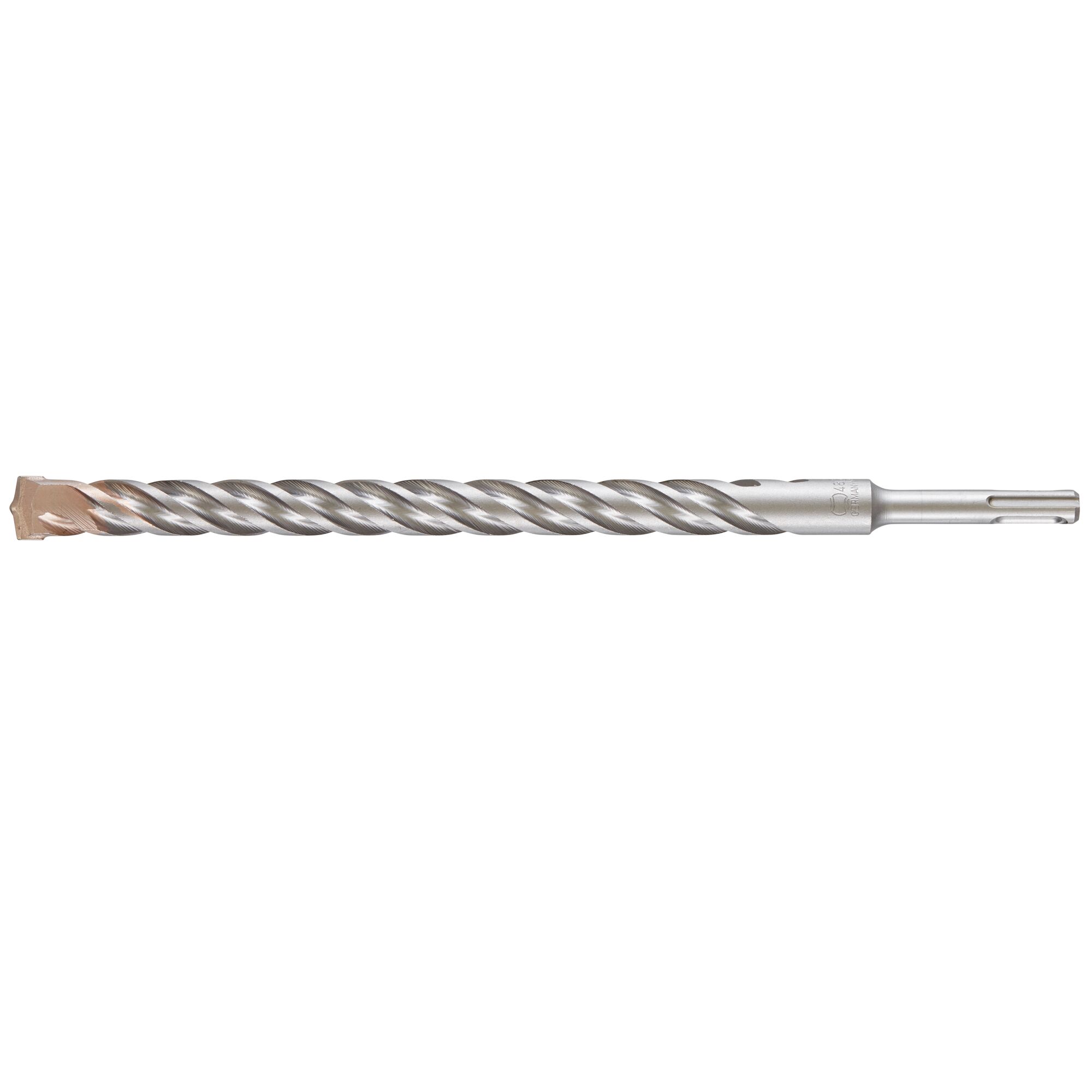 A DEWALT SDS plus masonry drill bit, silver in color with a spiral design and a carbide tip, used for drilling into concrete, brick, or stone.