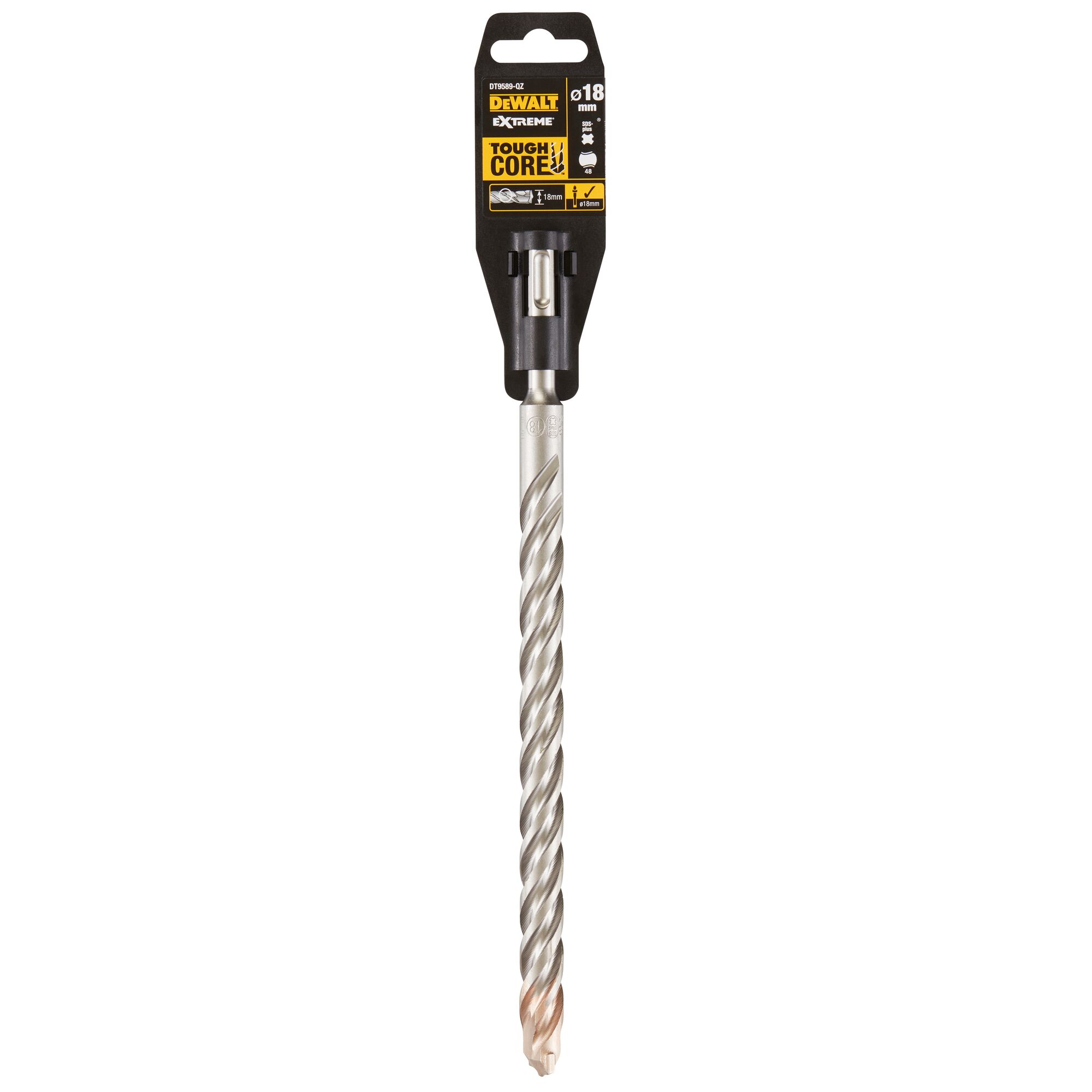 A DEWALT Extreme Tough Core SDS plus drill bit, 18 mm diameter, shown in its retail packaging. The bit features a spiral flute design and is intended for drilling in tough materials.