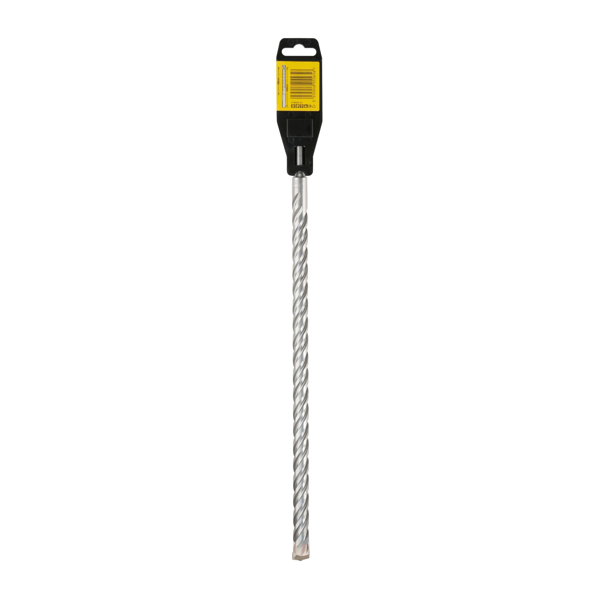 A long, twisted metal drill bit with a yellow and black DEWALT branded packaging attached at the top.