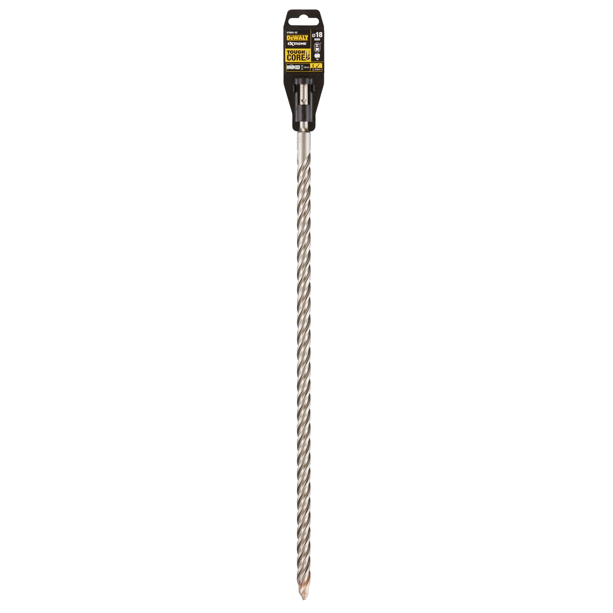 A long DEWALT concrete drill bit with a spiral design, shown in its original packaging. The packaging is black and yellow and displays the DEWALT brand and product information at the top.