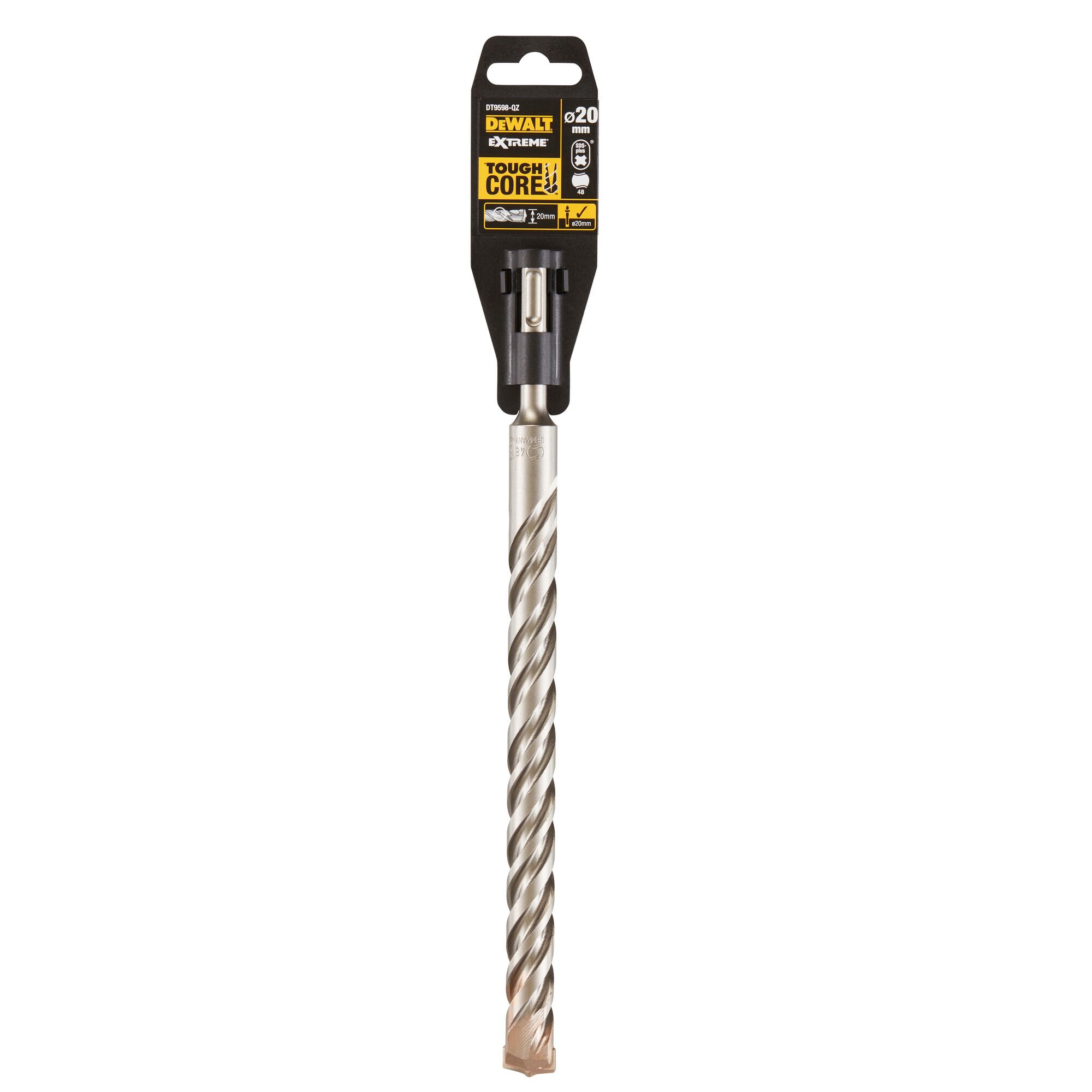 DEWALT DT9598 Tough Core Extreme drill bit for masonry, 20 mm diameter, shown in vertical packaging with yellow and black labeling.