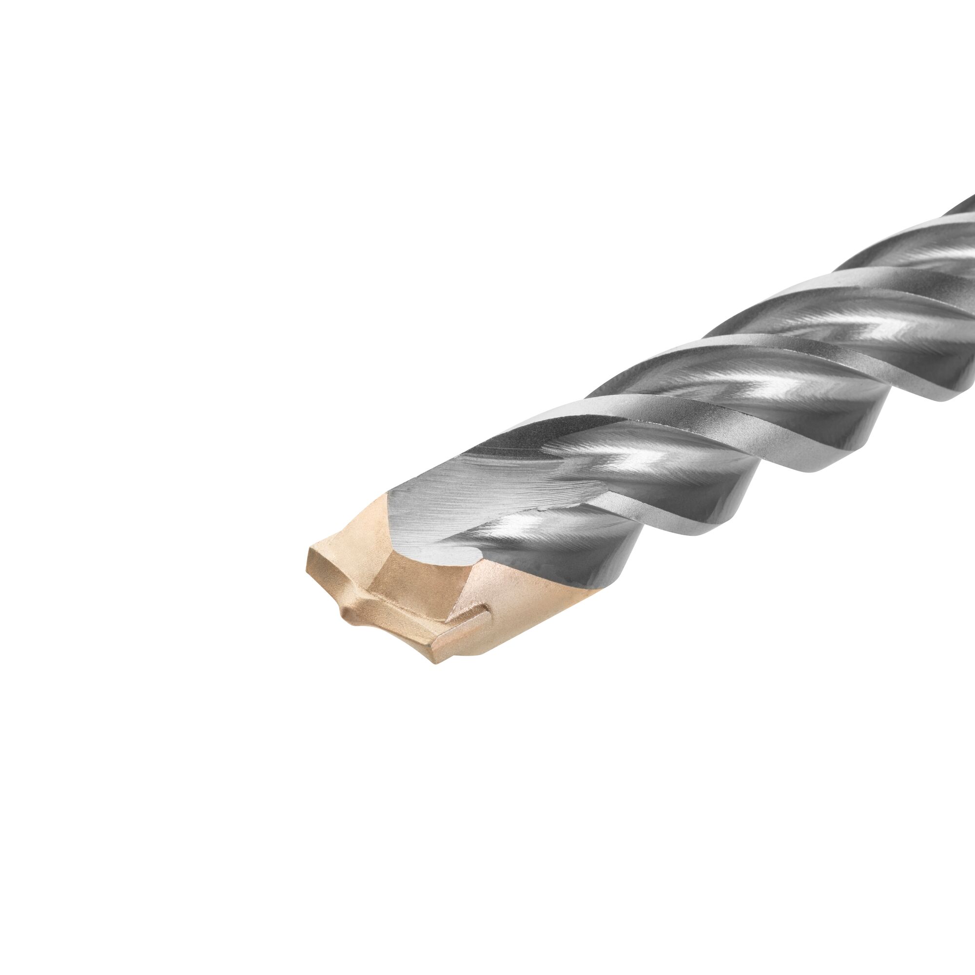 Close-up of a DEWALT DT9599 rotary hammer drill bit, showing its metal spiral flutes and carbide tip on a white background.