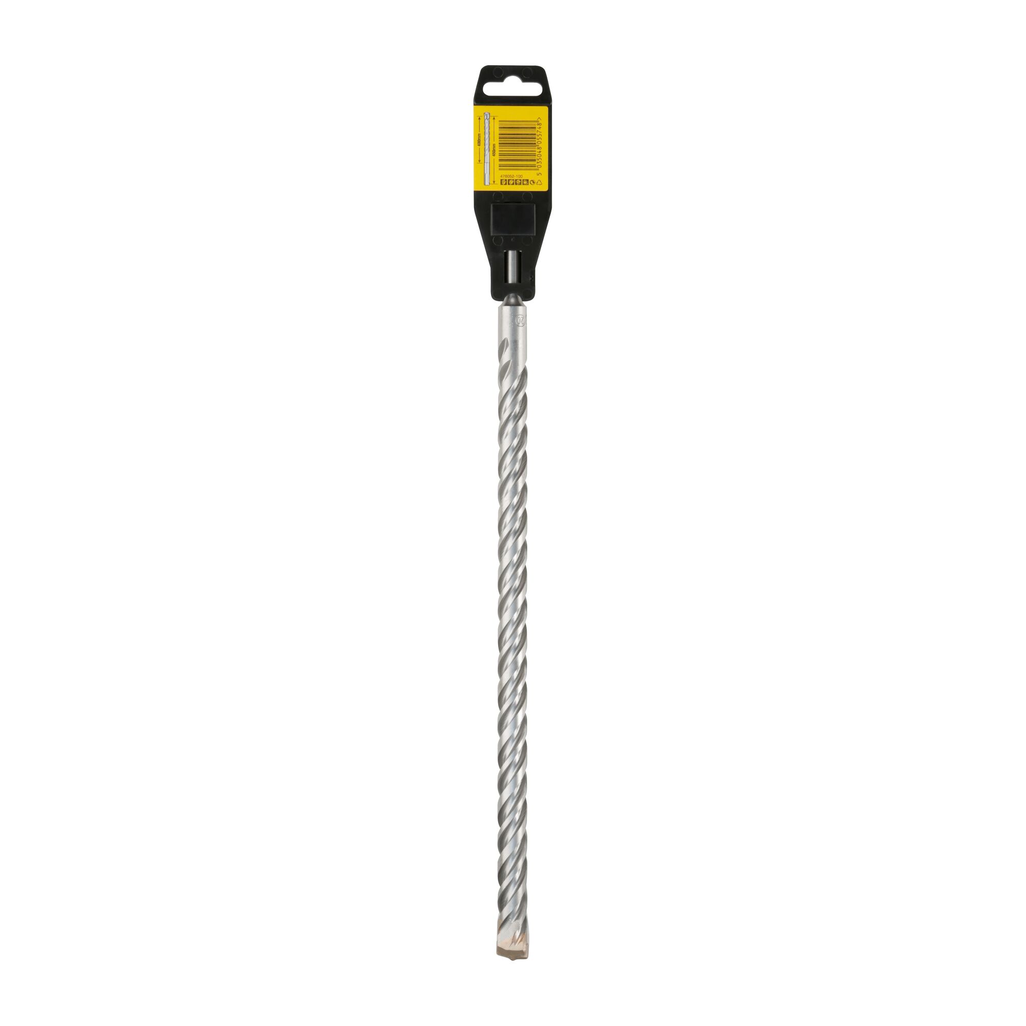 A DEWALT drill bit with a spiral design and a yellow label attached at the top, shown vertically against a white background.