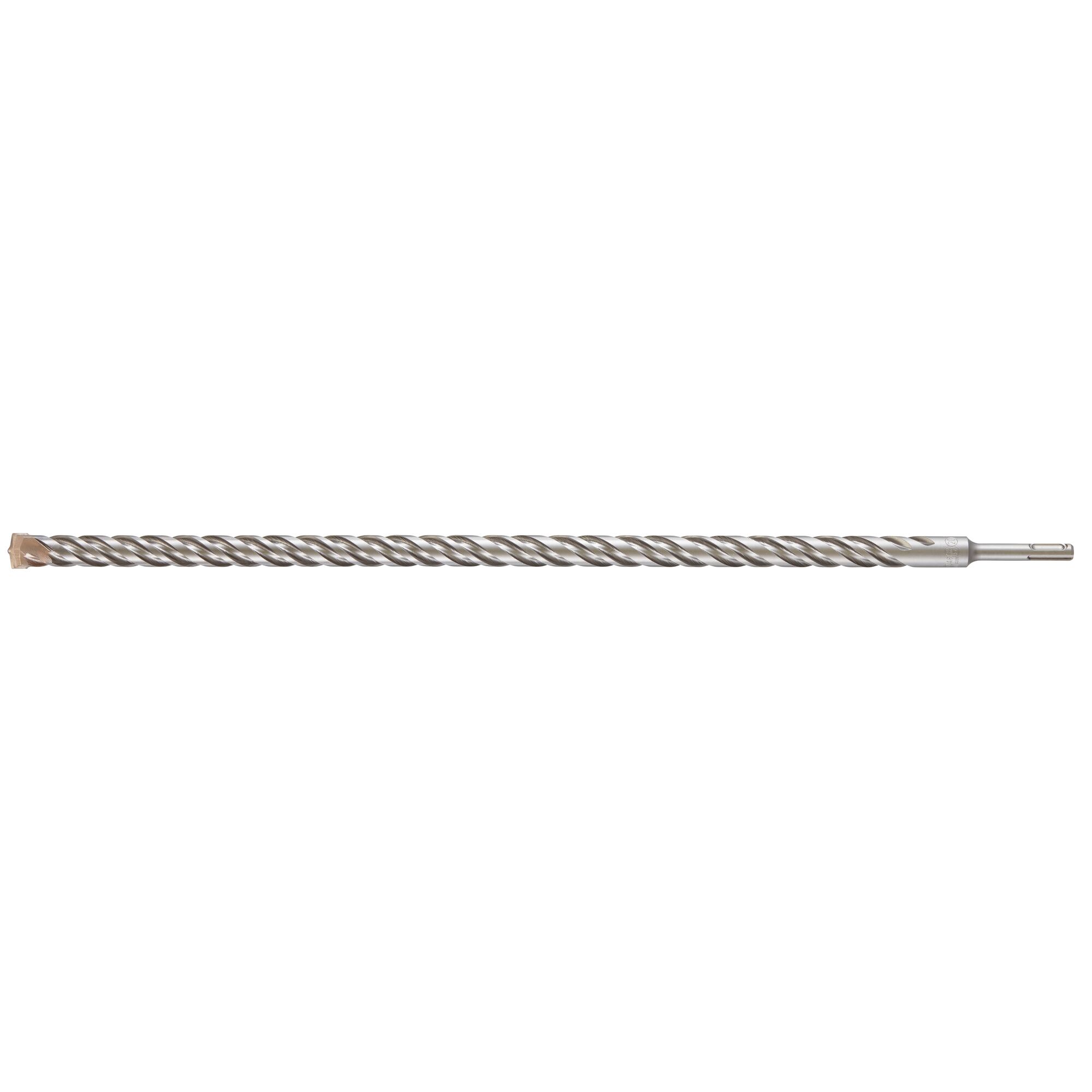 A long, metallic SDS-plus masonry drill bit with a spiral flute design and cutting tip, used for drilling into concrete, brick, or stone.