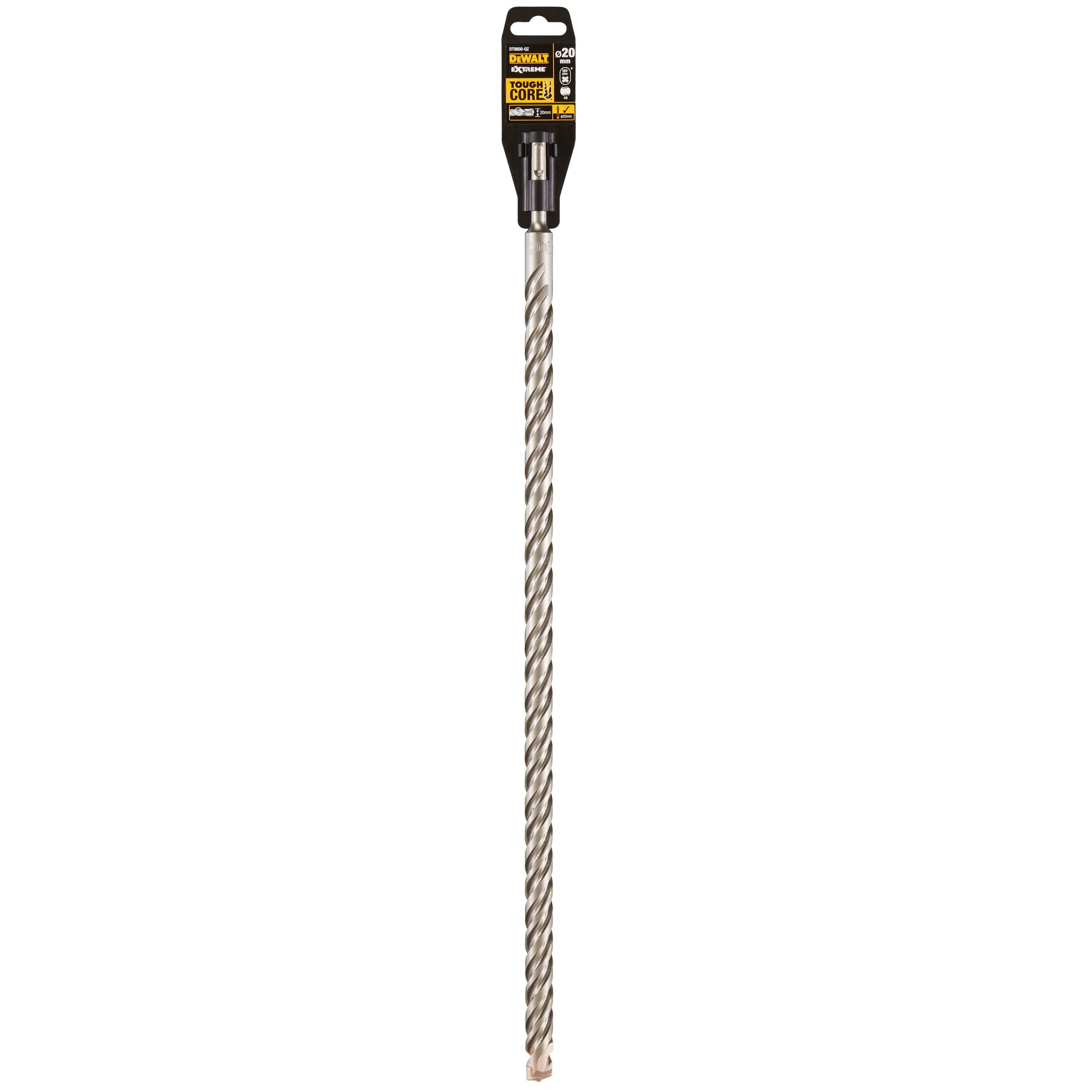 A DEWALT branded long masonry drill bit with carbide tip, standing upright with packaging attached at the top. The bit features a spiral fluted shaft, designed for heavy-duty drilling in concrete and masonry.