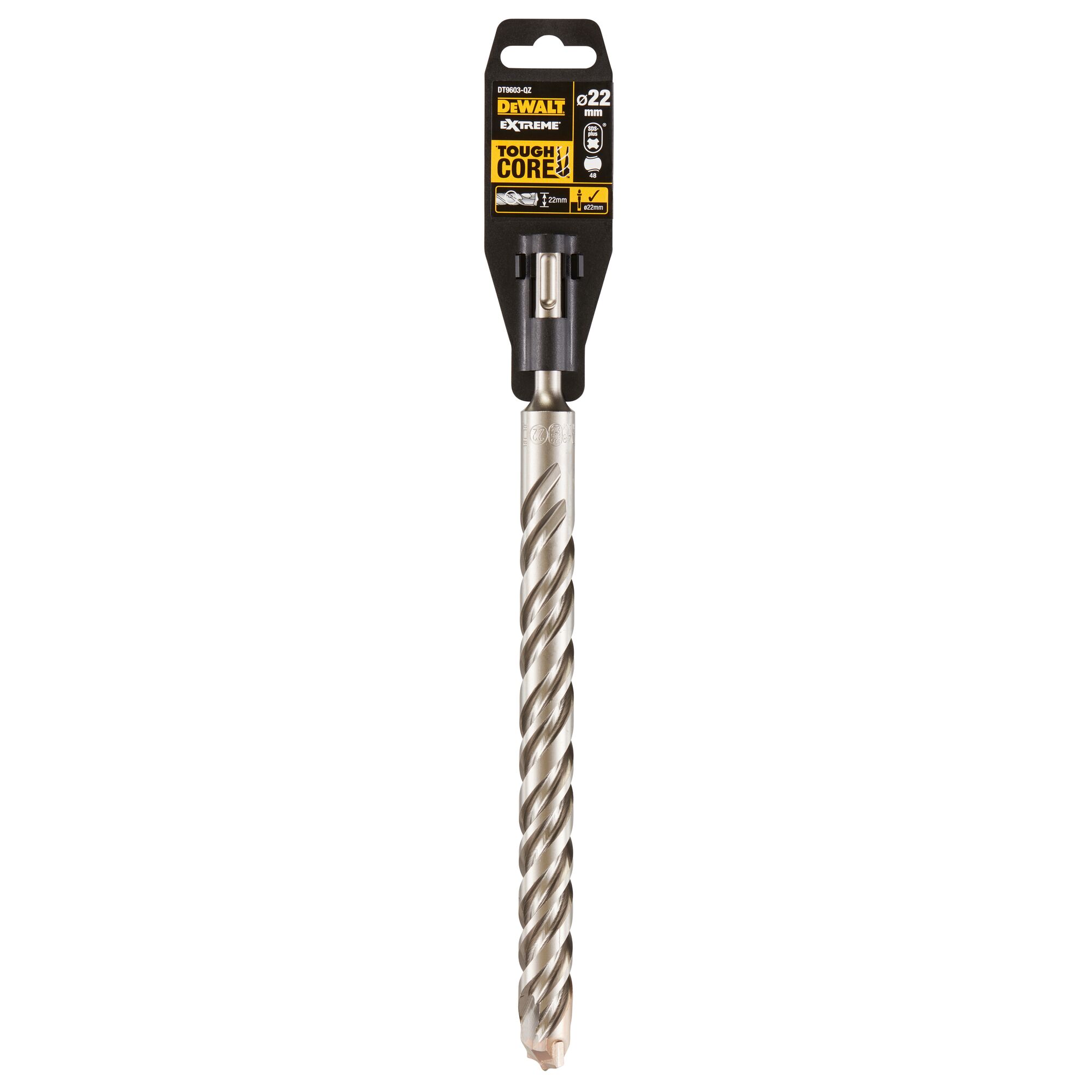 A DEWALT branded drill bit, model DT9603, featuring a spiral design with packaging labeled 'Tough Core' and 'Extreme', suitable for drilling and construction tasks.