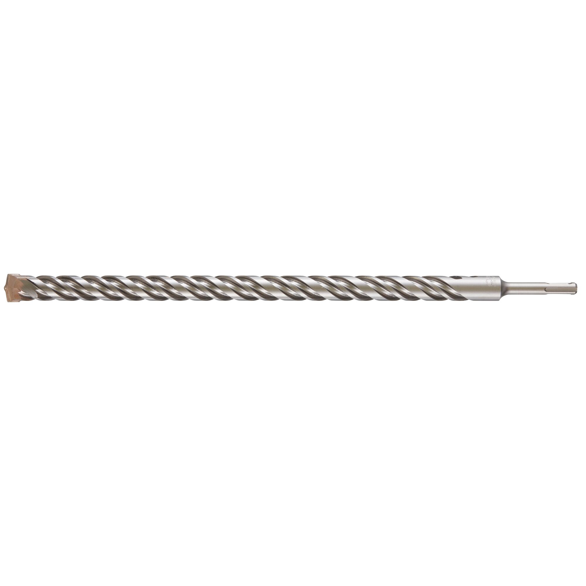 A single long, metallic SDS-plus masonry drill bit with a spiral flute design, used for drilling into concrete or stone.