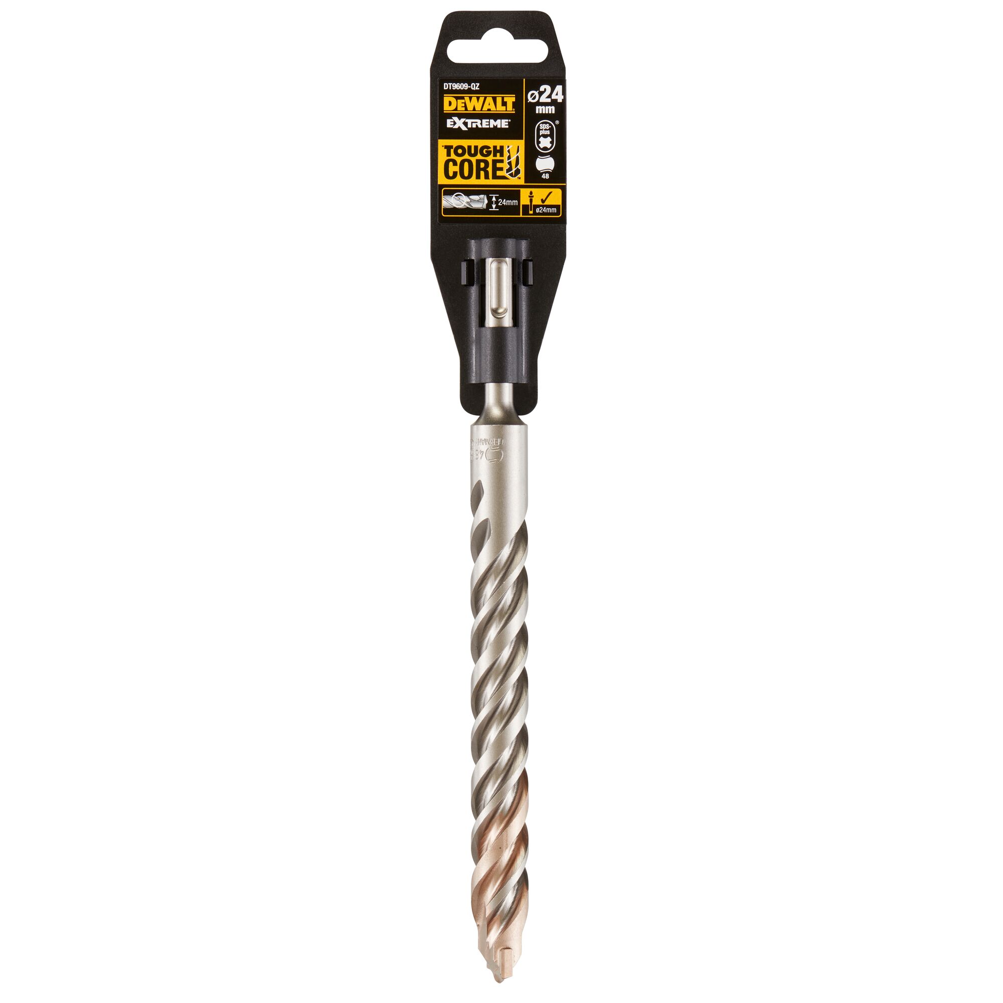 DEWALT Extreme Tough Core drill bit, 24mm diameter, shown in its retail packaging. The drill bit is designed for masonry or concrete drilling.