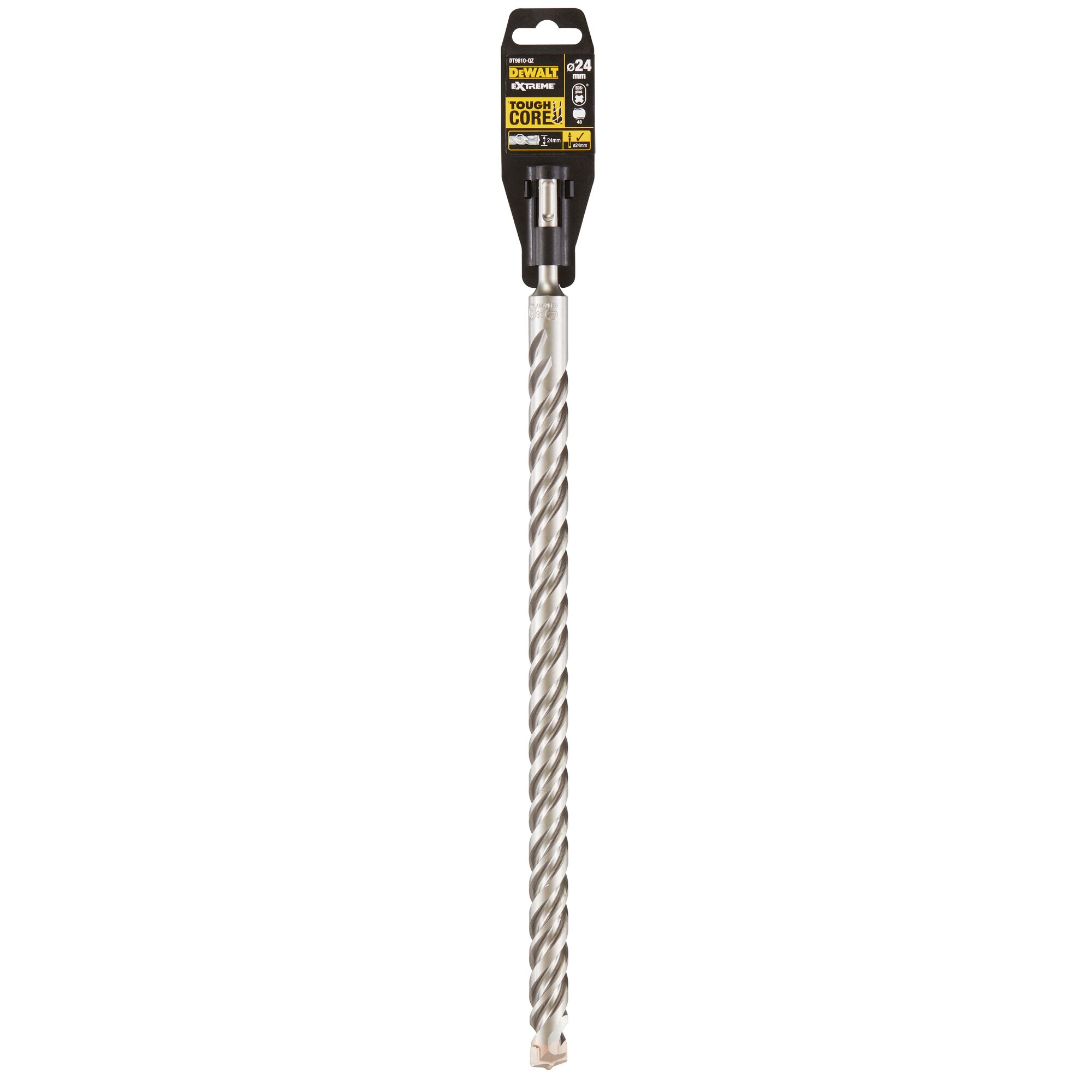 A DEWALT branded long metal masonry drill bit with spiral fluting for tough core drilling, shown in retail packaging against a white background.