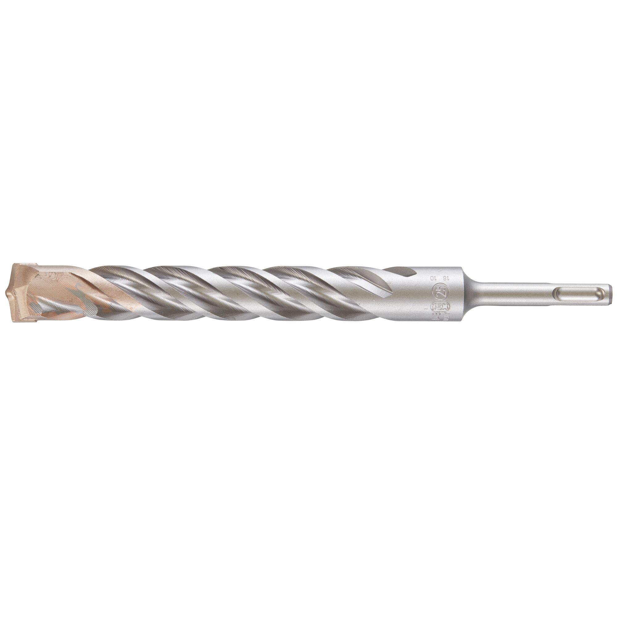 A DEWALT DT9611 SDS-Plus rotary hammer drill bit with a spiral flute and carbide tip, designed for drilling into concrete and masonry surfaces.