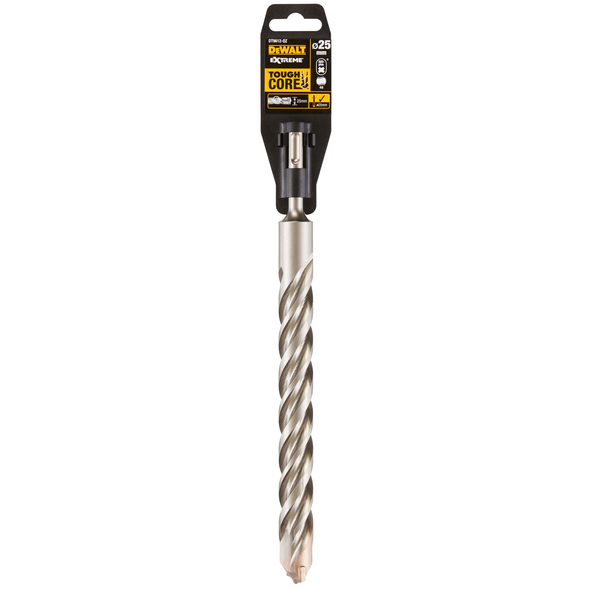 A DEWALT Extreme Tough Core drill bit, SKU DT9612, 25mm diameter, shown in its packaging. The drill bit has a spiral design and metal finish.