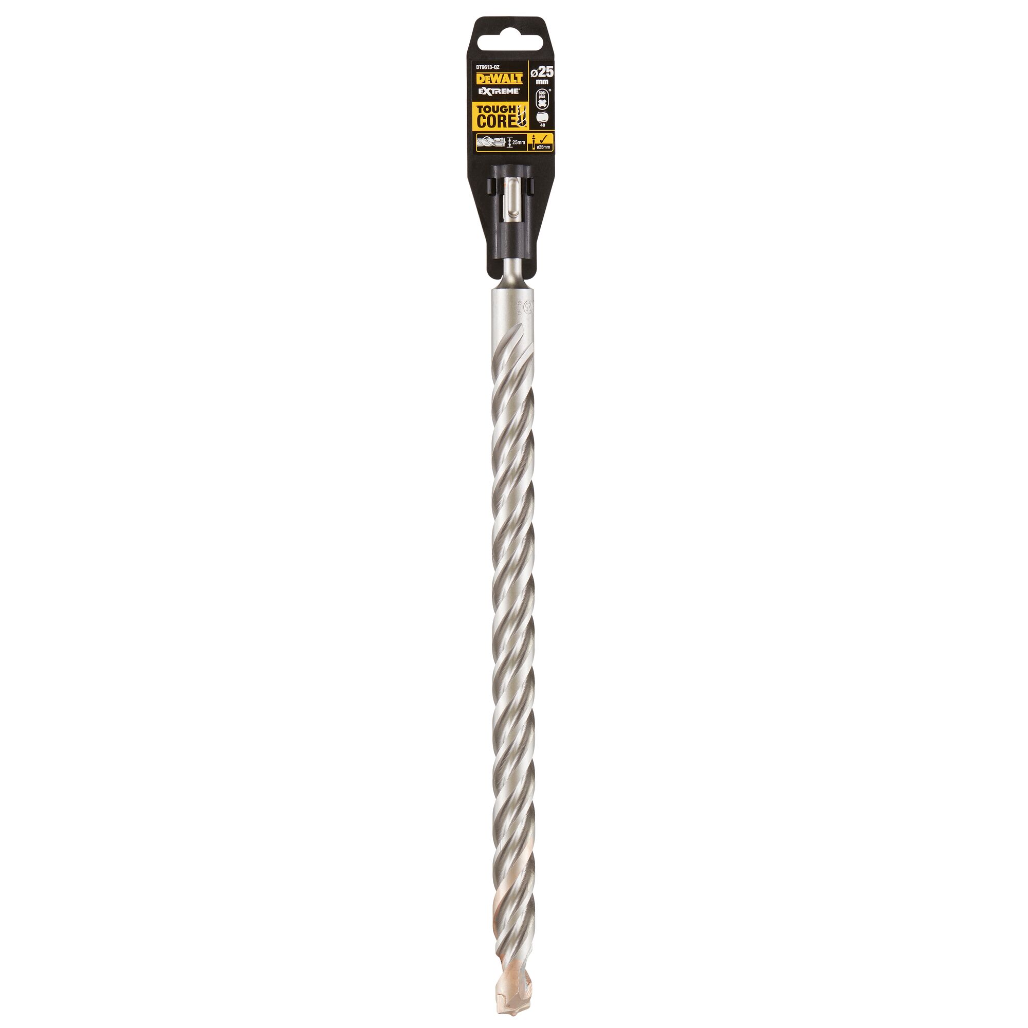 A DEWALT branded spiral masonry drill bit, model DT9613, shown vertically against a white background. The label features product information and the words 'Tough Core'.