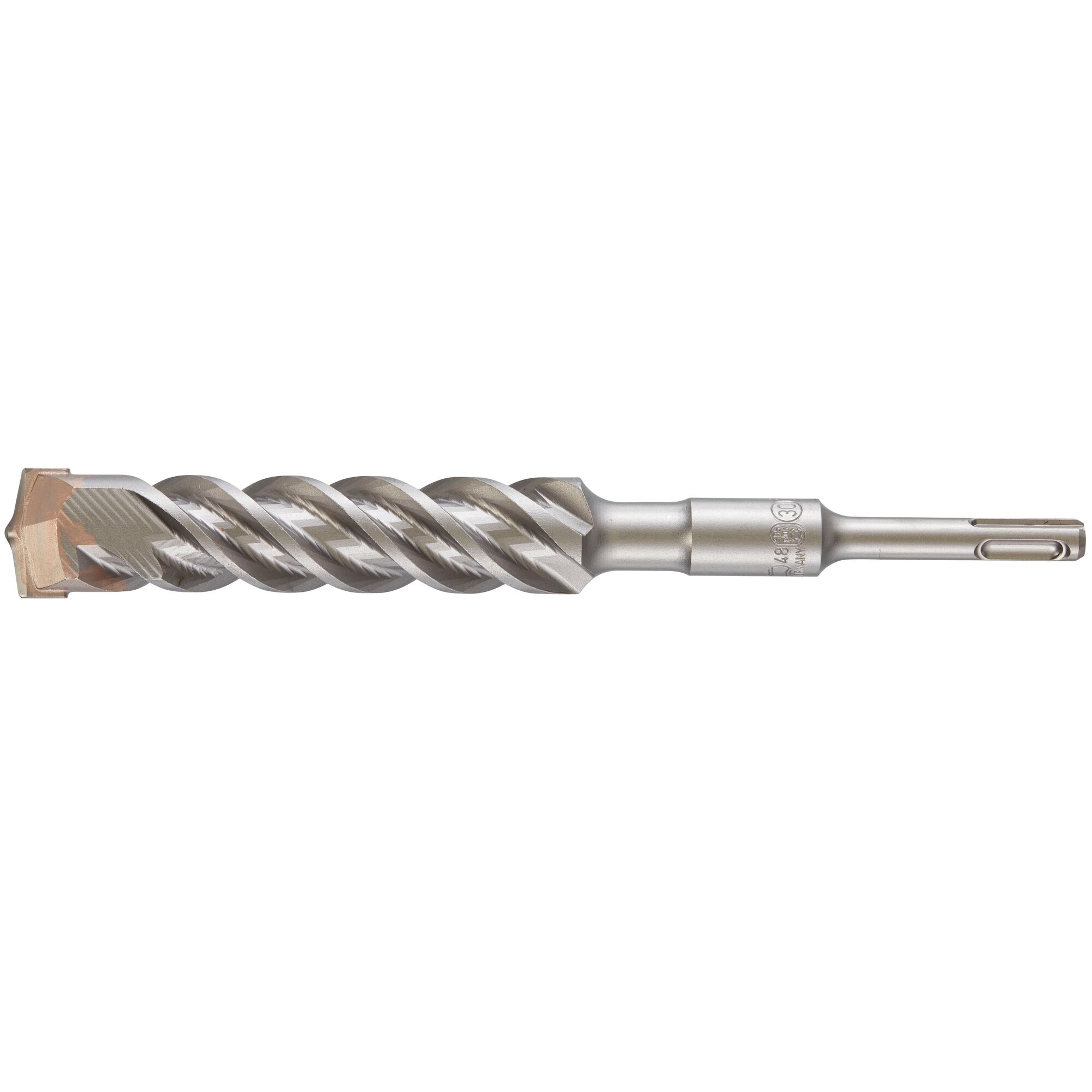A DEWALT SDS-Plus masonry drill bit with a spiral flute and a carbide tip, used for drilling into concrete and stone surfaces.