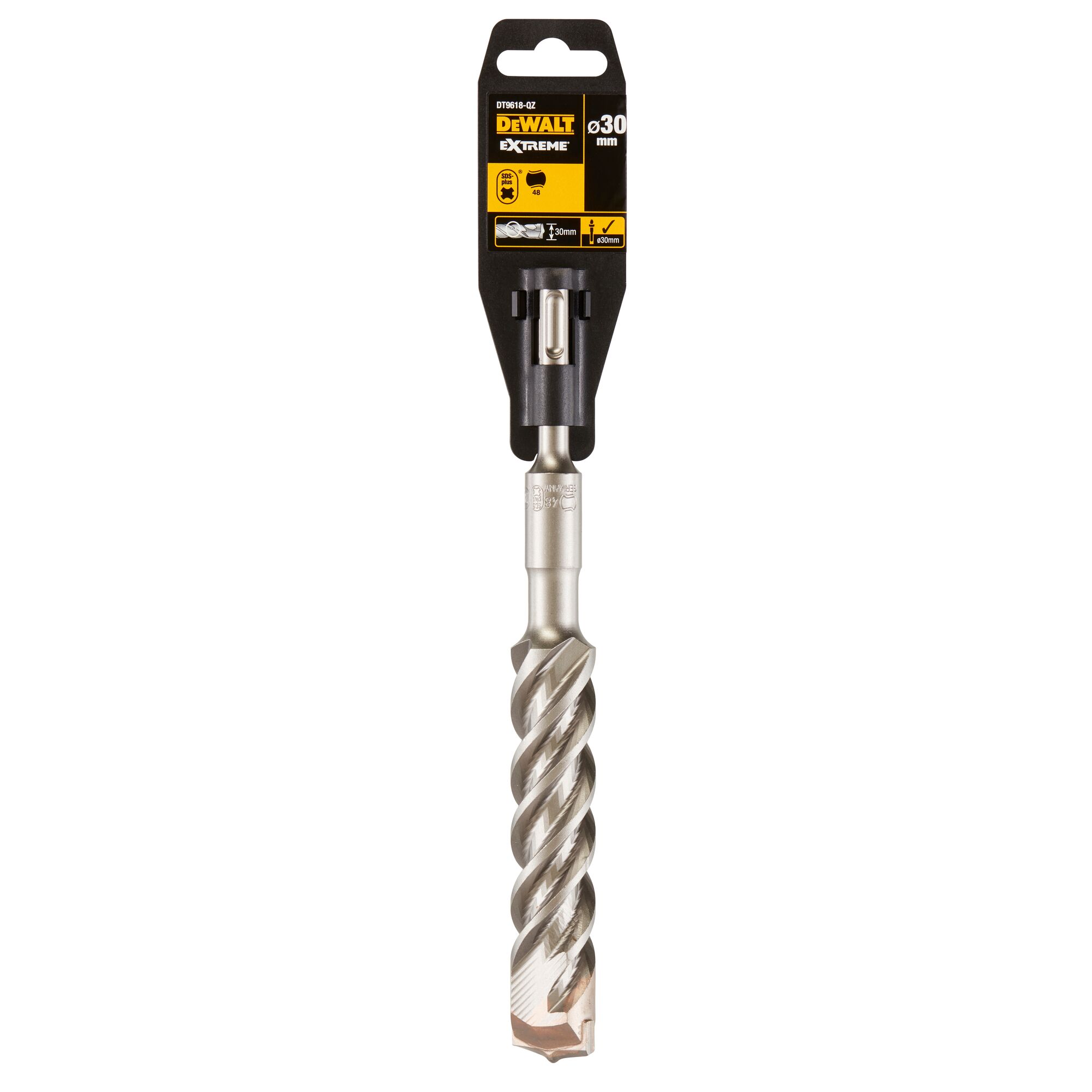 DEWALT DT9618 Extreme drill bit, 30 mm diameter, shown in retail packaging. The drill bit features a spiral design and is used for masonry or concrete drilling.