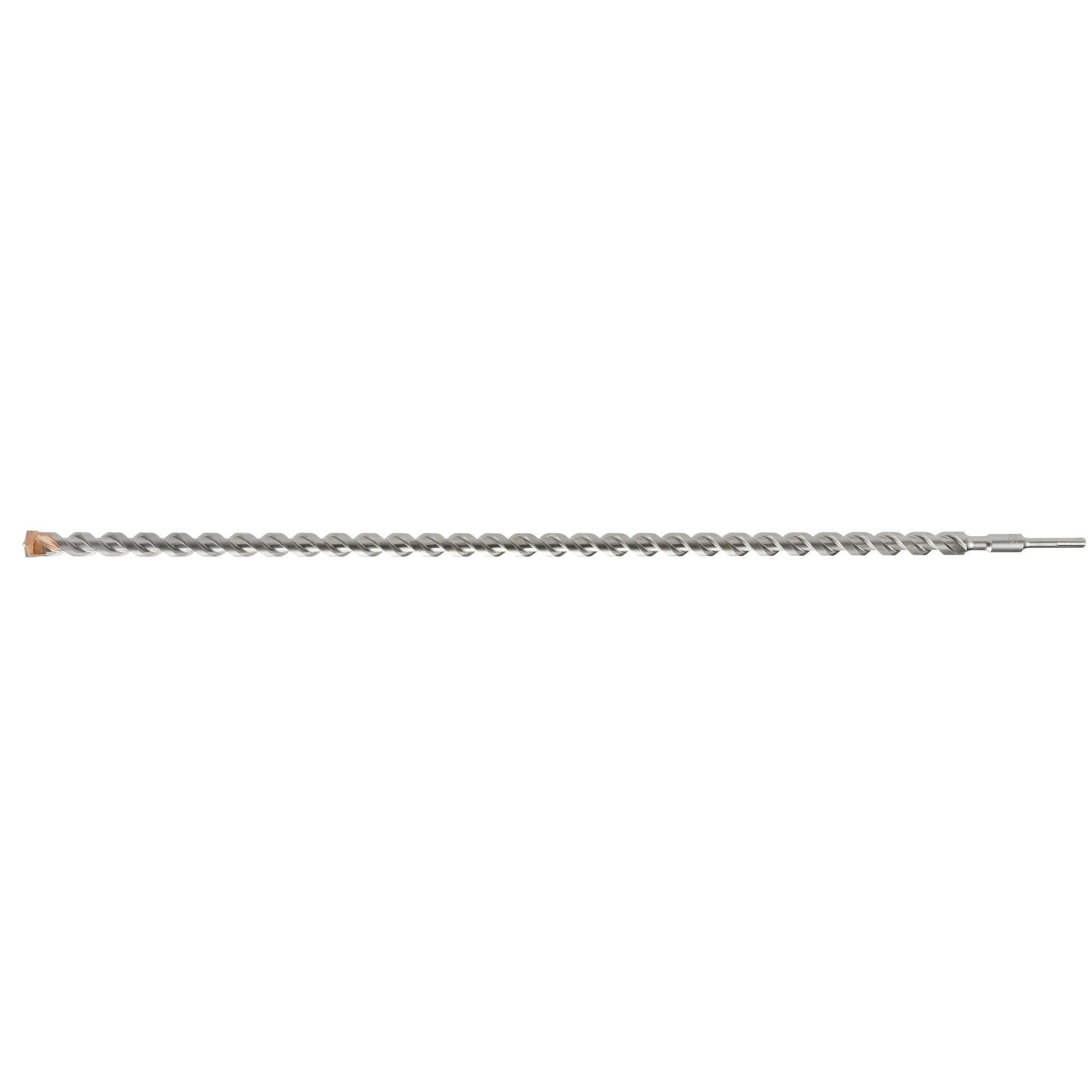 A long, silver-colored masonry drill bit with a spiral design and a pointed tip, shown on a white background.