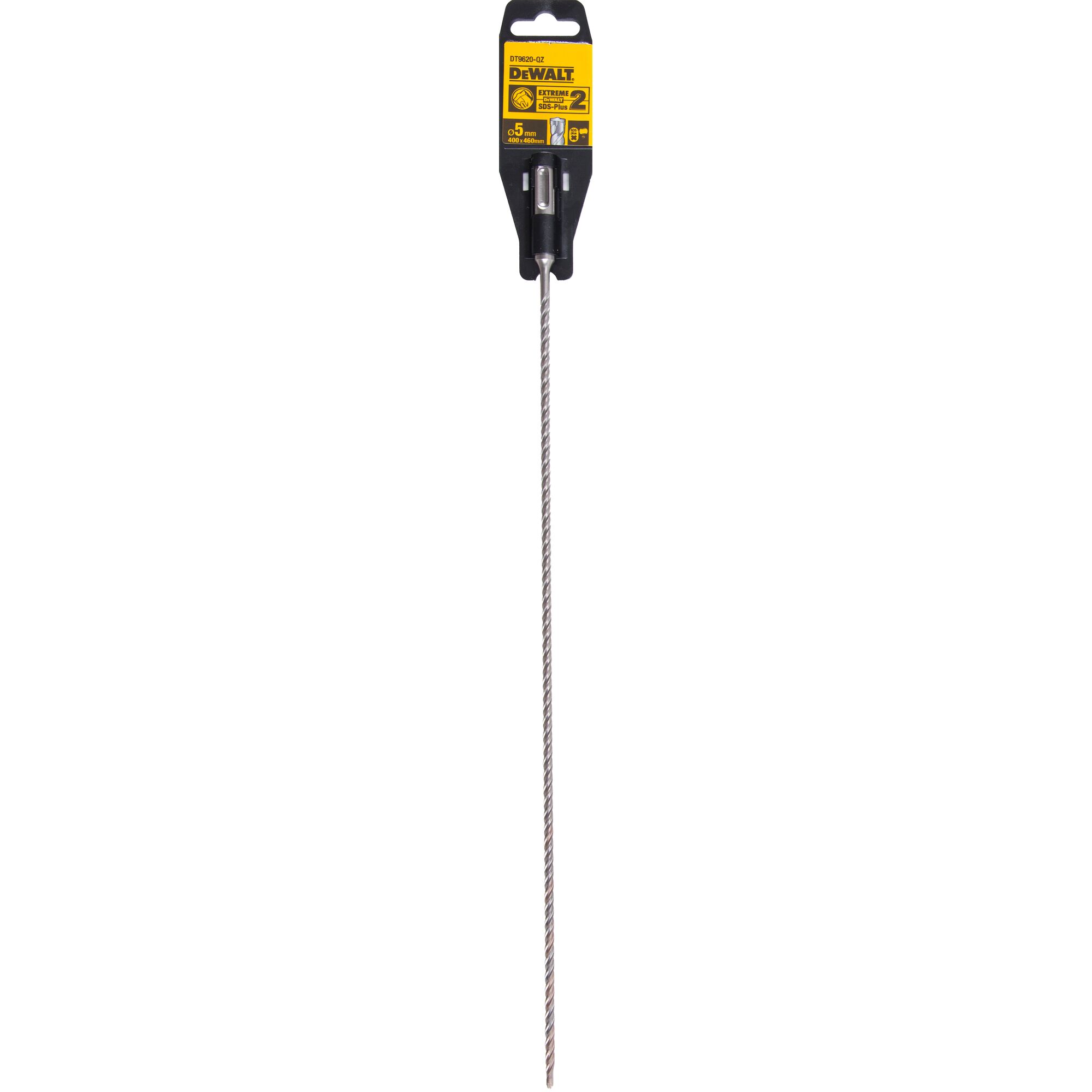 A DEWALT Extreme 2 SDS-Plus drill bit, model DT9620, in its original packaging. The drill bit is long and designed for hammer drilling in concrete, masonry, and stone.