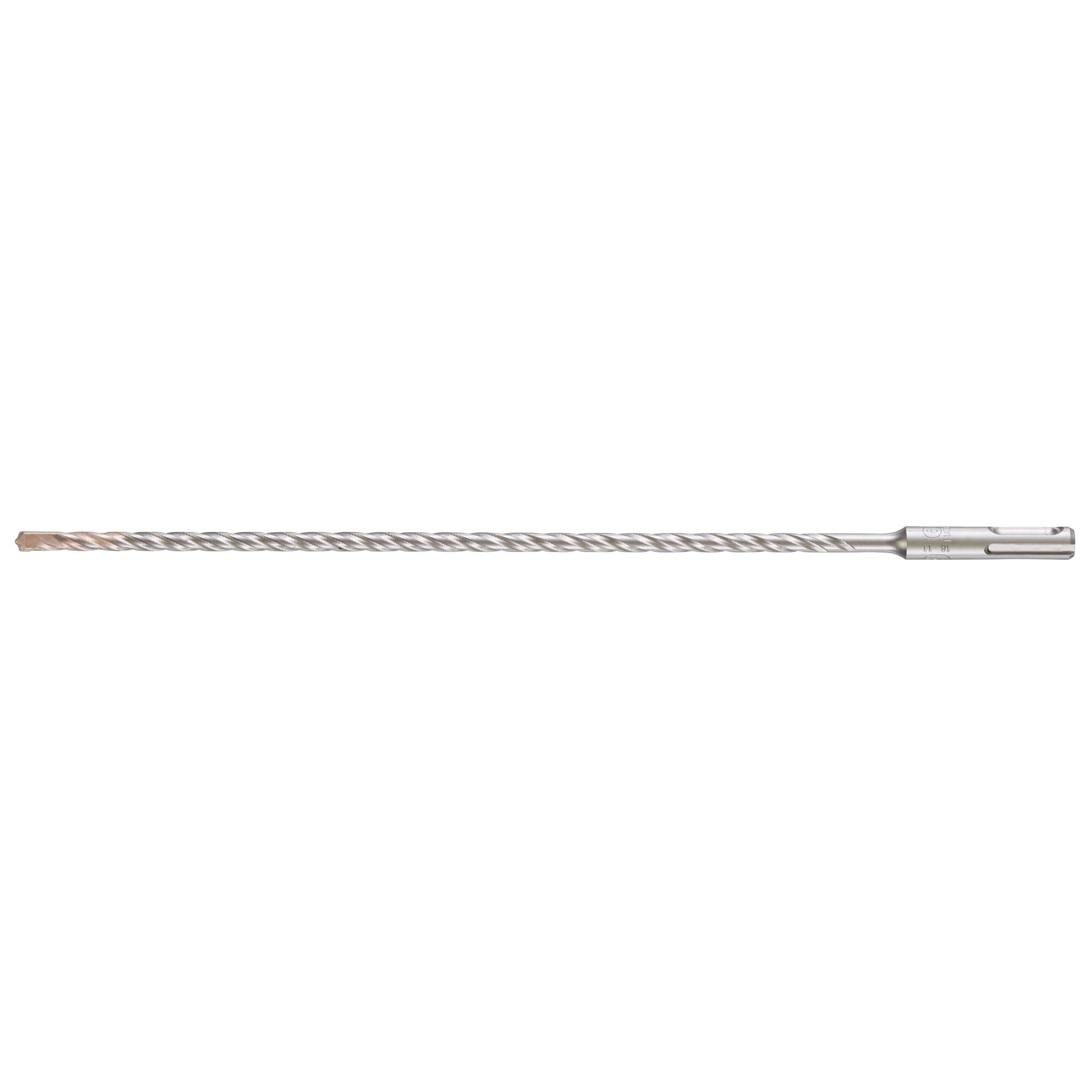 A long, single SDS-Plus rotary hammer drill bit with a spiral flute design and a carbide tip, intended for use with power drills for drilling into masonry or concrete.