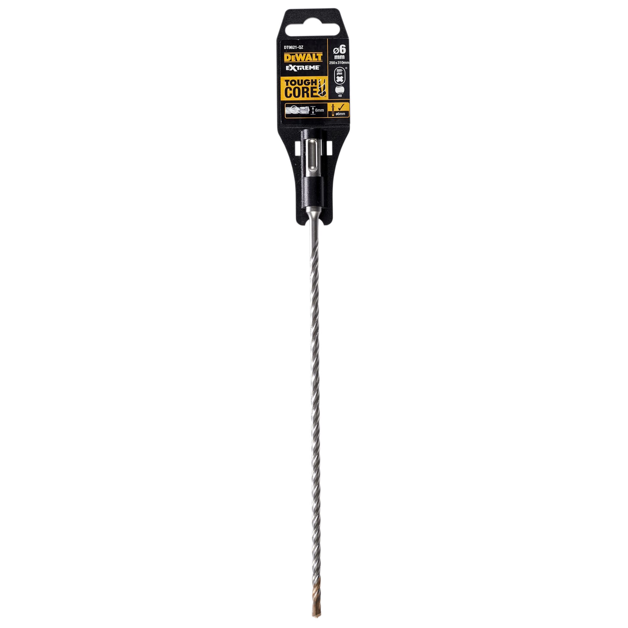 A DEWALT branded long masonry drill bit, DT9621 model, in retail packaging, featuring a spiral metal shaft and SDS fit, labeled as ToughCore for extreme durability.