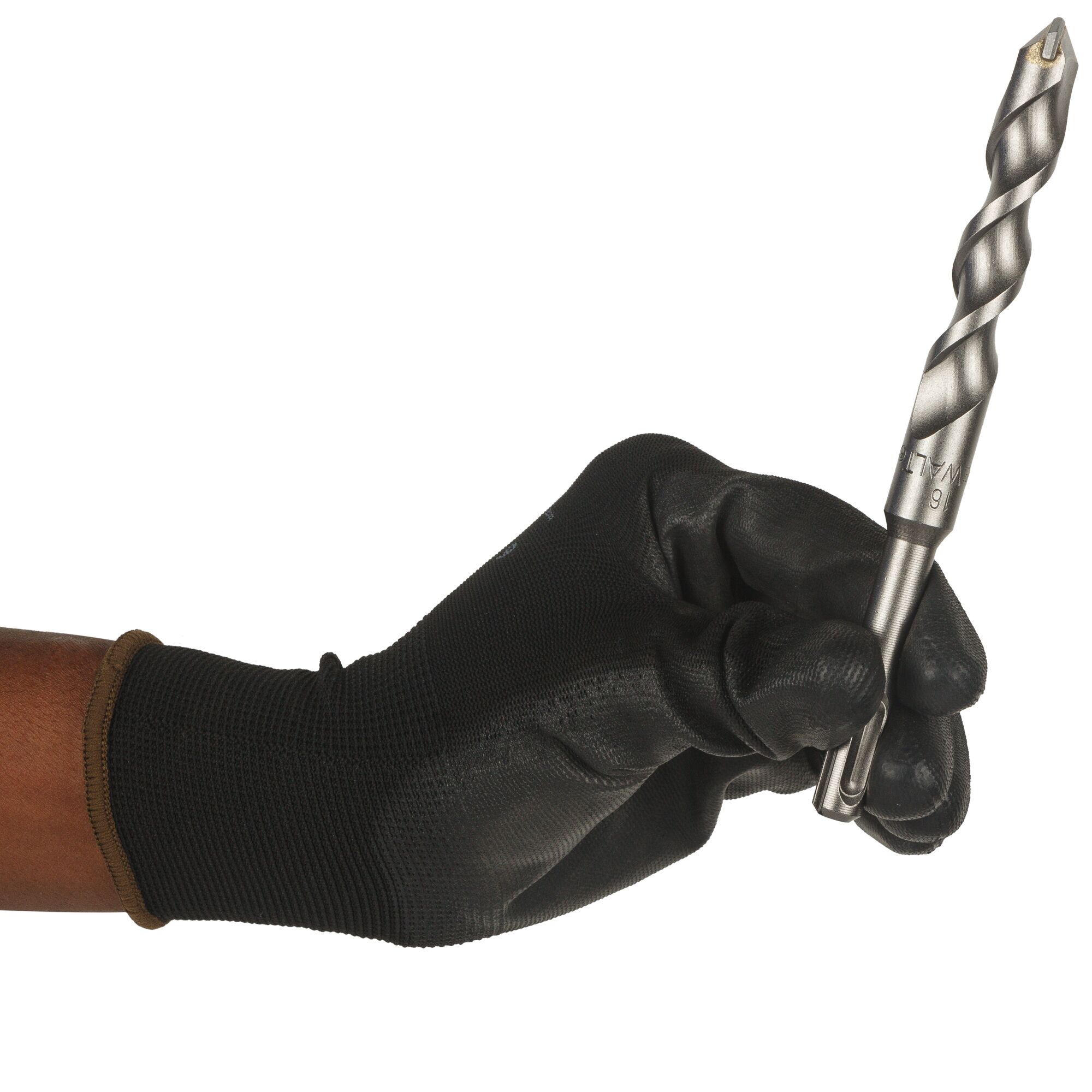 A gloved hand holding a DEWALT metal drill bit.