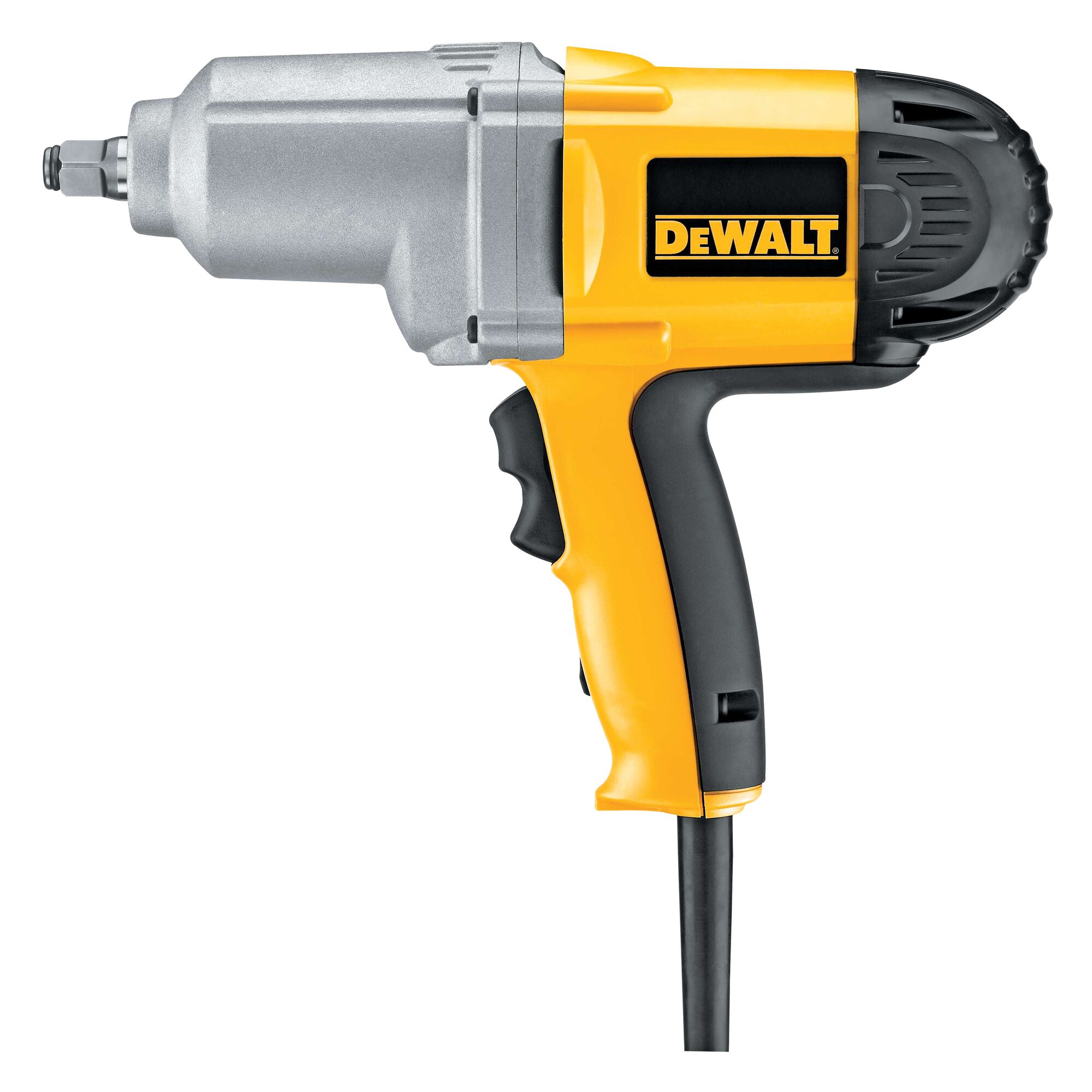 A DEWALT branded electric impact wrench with a yellow and black handle, metal front housing, and a power cord at the base.
