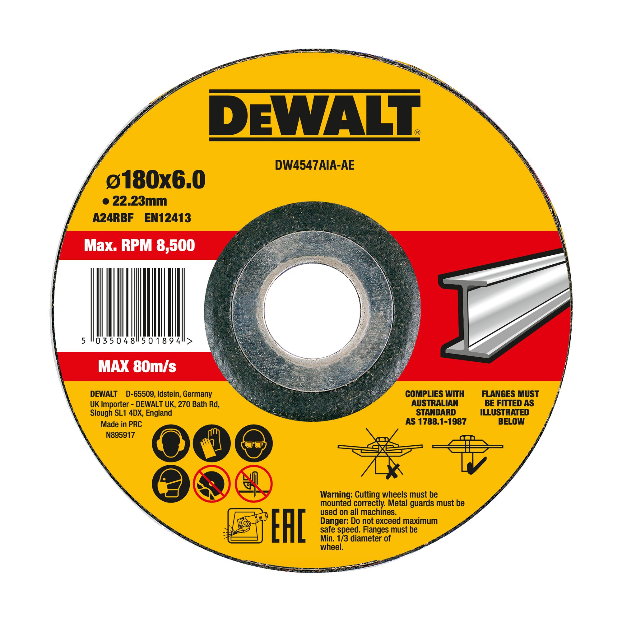 DEWALT metal cutting wheel DW4547AIA-AE, circular and yellow with black and red label. Technical details: diameter 180mm, thickness 6.0mm, 22.23mm bore, A24RBF, EN12413. Maximum speed: 8,500 RPM, 80m/s. Usage icons include eye, ear and face protection, and warning symbols. Features an illustration of a metal profile and flange fitting instructions.