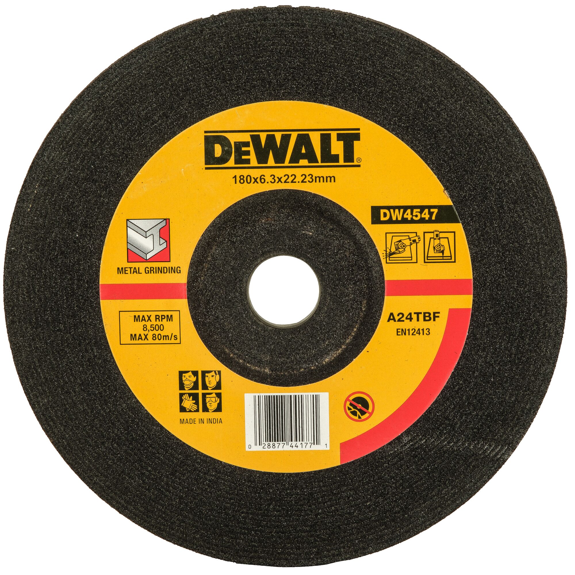 A DEWALT DW4547 metal grinding wheel with a yellow label showing specifications including 180x6.3x22.23mm dimensions, A24TBF, maximum RPM of 8,500, maximum speed of 80m/s, symbols for safety equipment, and barcode, designed for metal grinding.